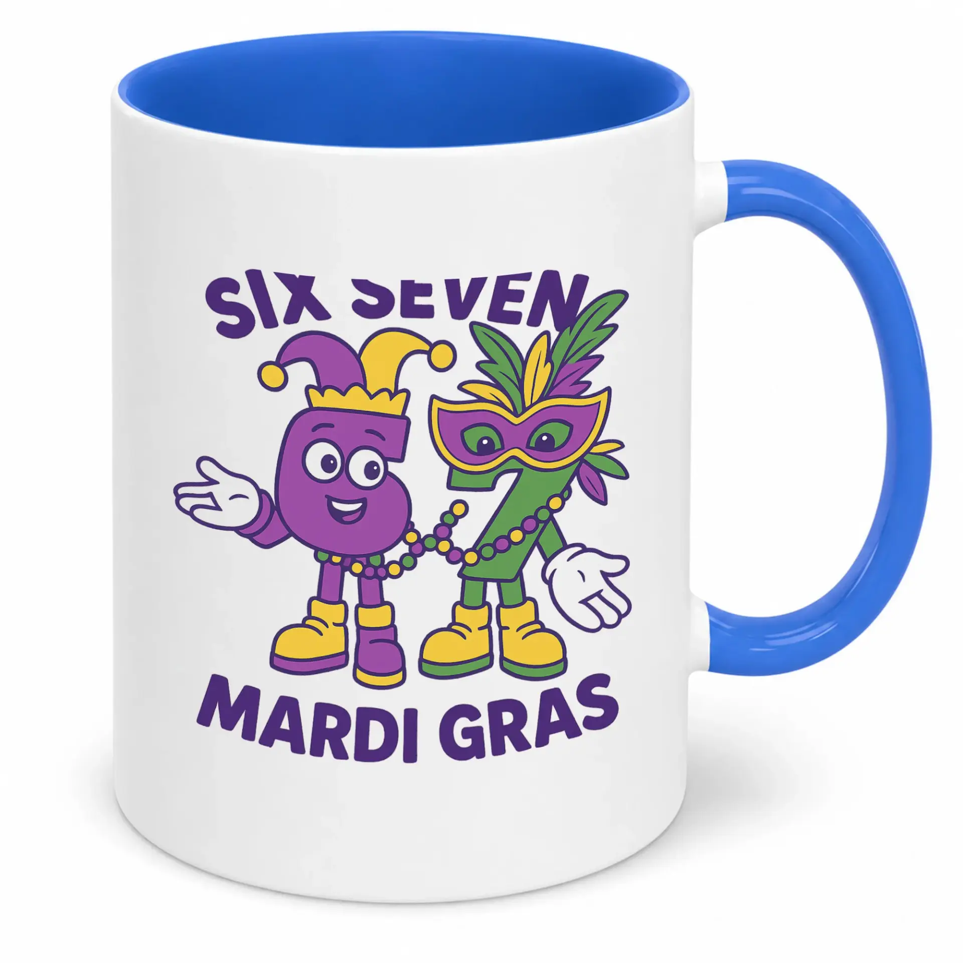 Funny Mardi Gras Celebration Ceramic Coffee Mug with Six and Seven Character Design, Perfect Gift for Party Enthusiasts and Beverage Lovers