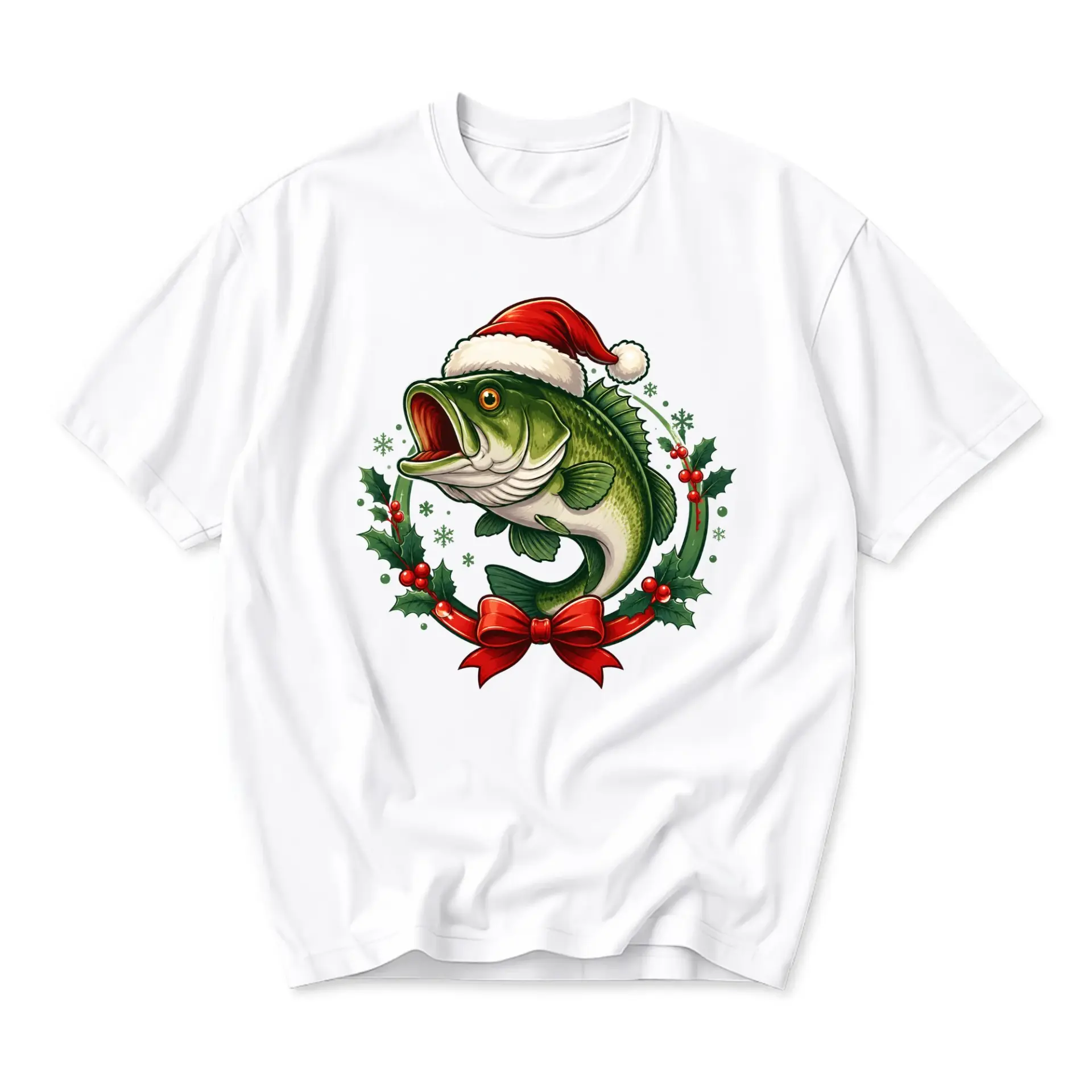 Graphic Tee Christmas Fishing Holiday T-Shirt Festive Largemouth Wearing
