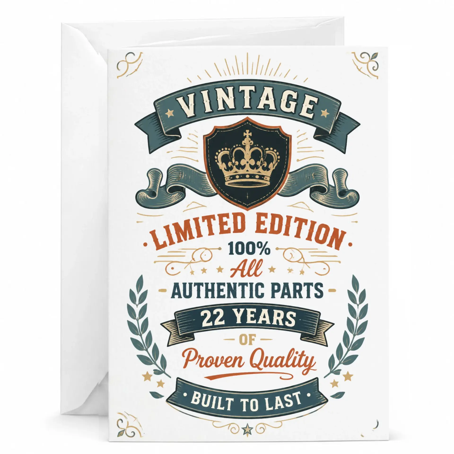 Birthday Card 22nd Anniversary Vintage Limited Edition 100 Percent Authentic Parts Classic Typography Greeting Card
