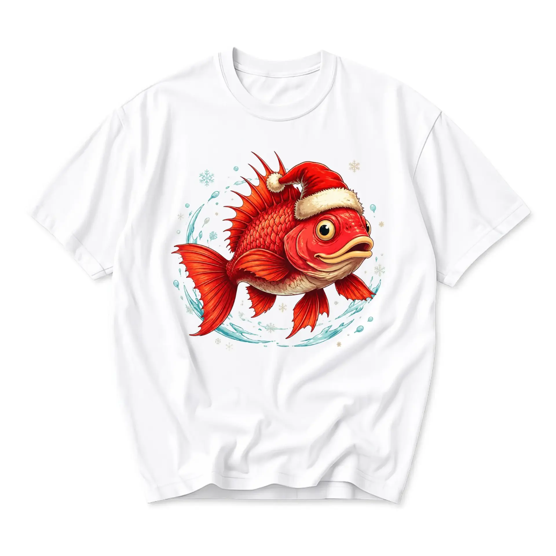 Graphic Tee Unisex Crew Neck Short Sleeve Shirt Featuring a Whimsical Red Fish Wearing a Festive Santa Hat Design