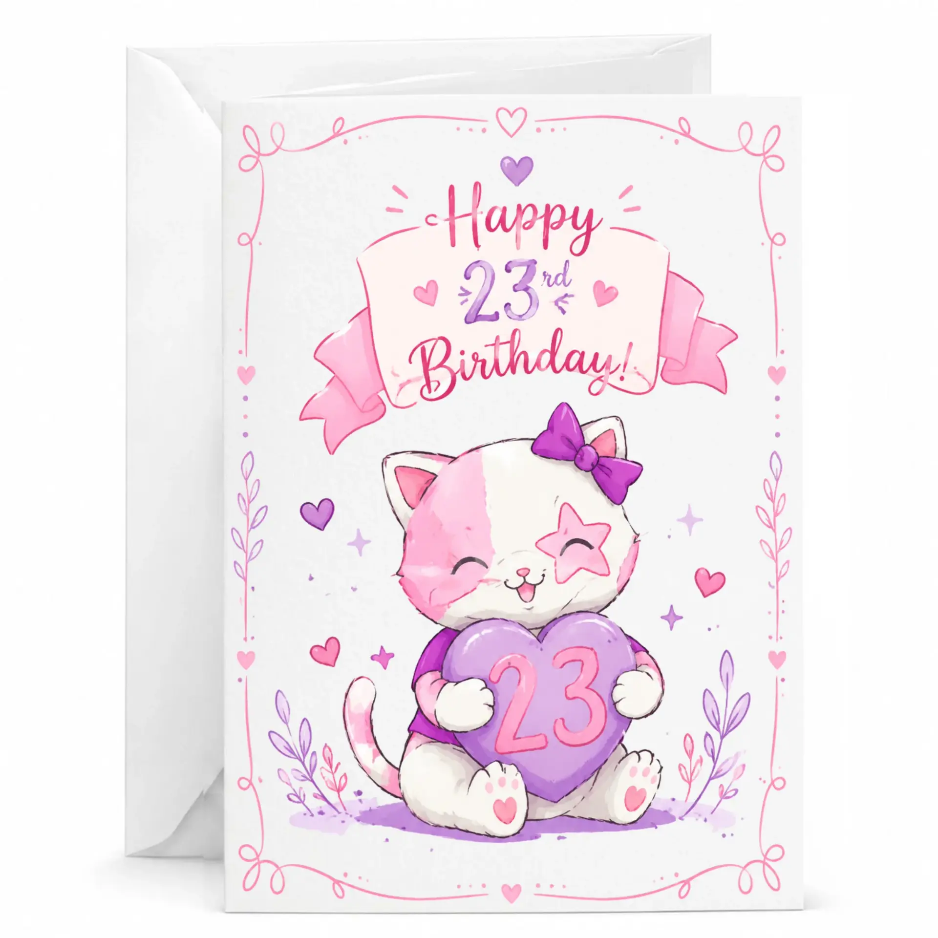 Greeting Card for 23rd Birthday Featuring Cute Illustration of a Cat Holding a Heart with Number 23 in Pink Shades