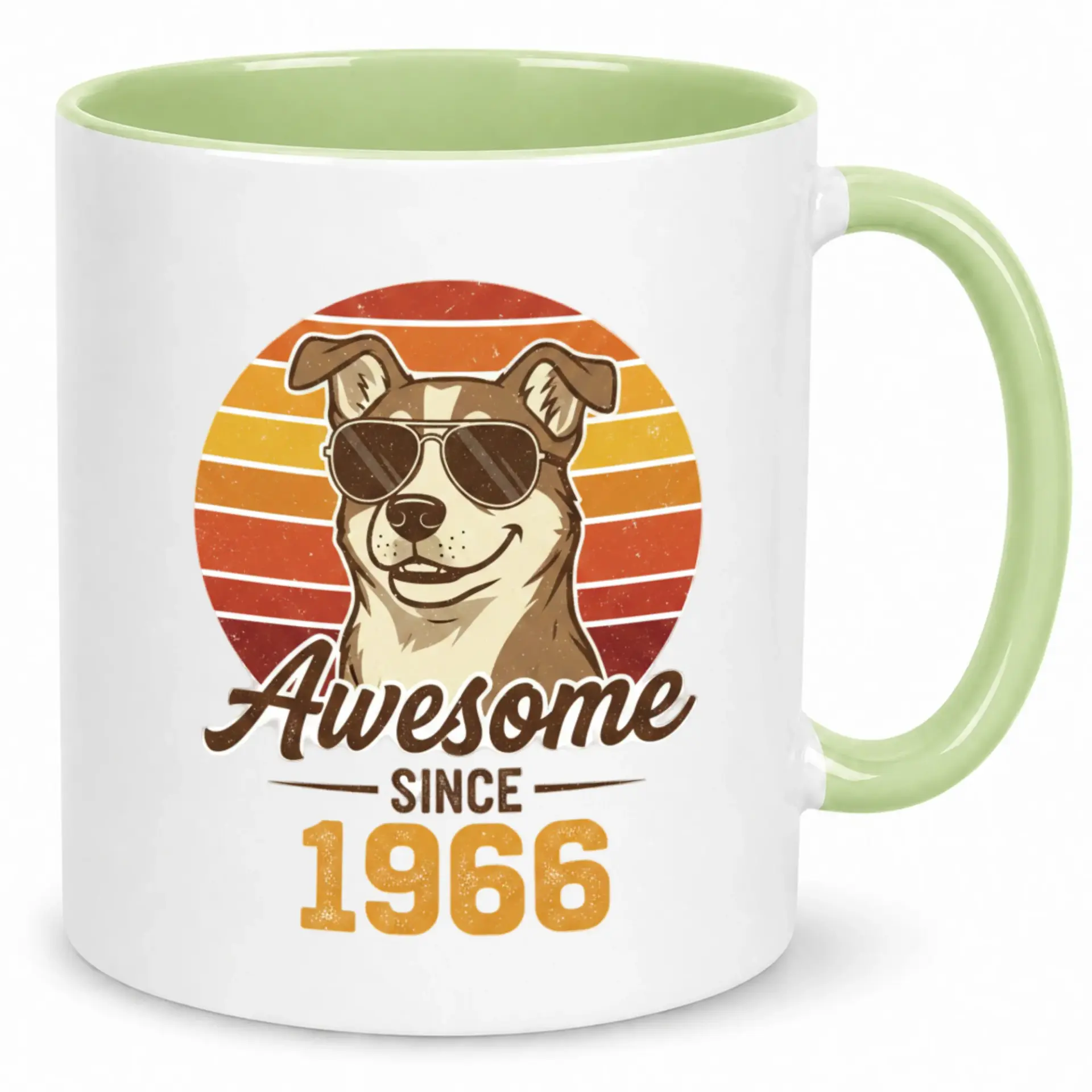 Funny Dog with Sunglasses Retro Sunset Birthday Coffee Mug Awesome Since 1966 Ceramic Beverage Cup Gift Idea for Men and Women