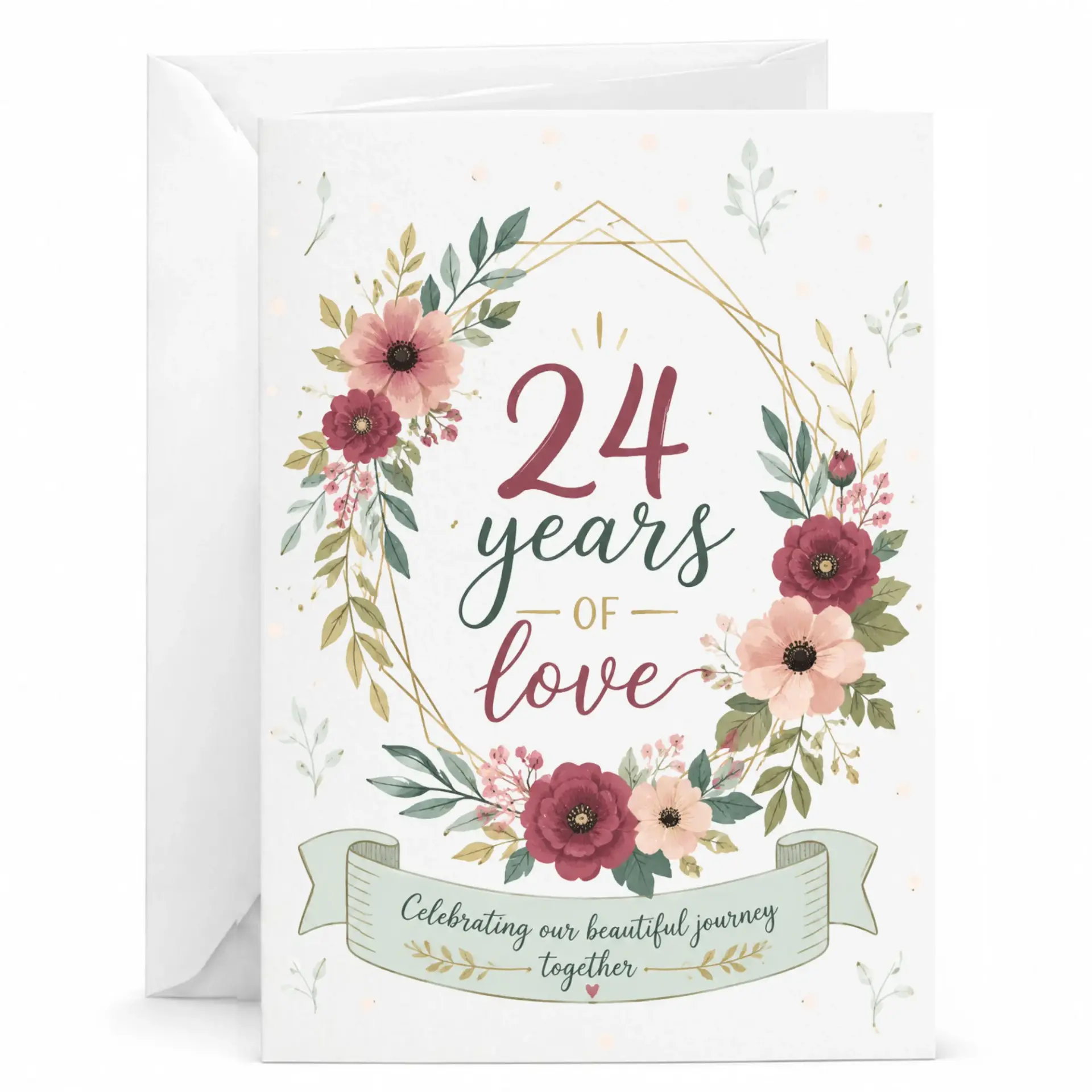 Anniversary Greeting Card 24 Years of Love Floral Design for Couples Featuring Elegant Botanical Wreath Artwork
