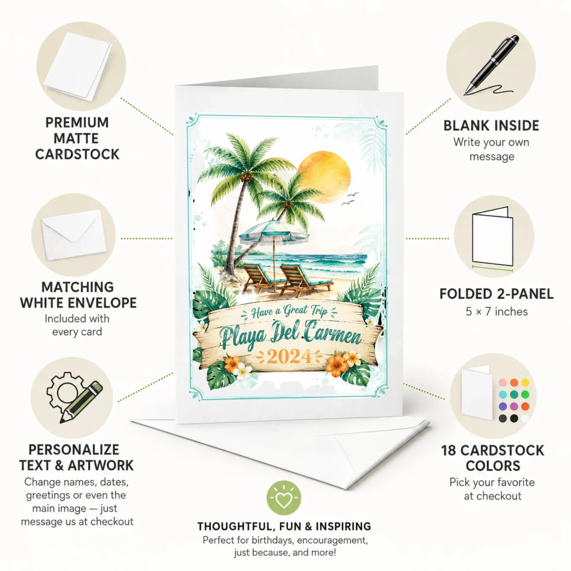 Tropical Beach Vacation Greeting Card Playa Del Carmen 2024 Design with Matching Envelope for Travel Lovers