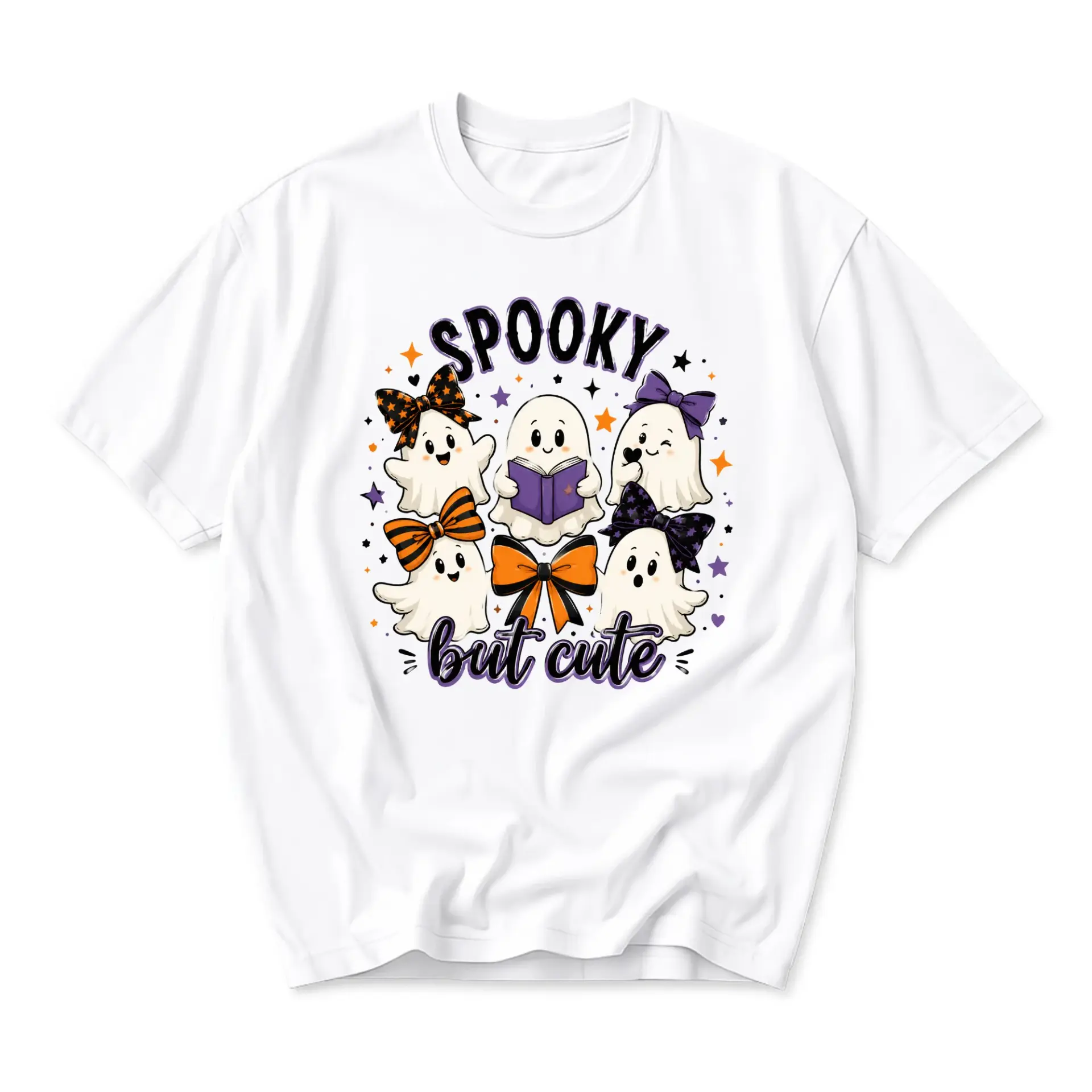 Graphic Tee Spooky but Cute Halloween Ghost Shirt Fun Illustration Print Unisex Crew Neck Casual Cotton Blend Top