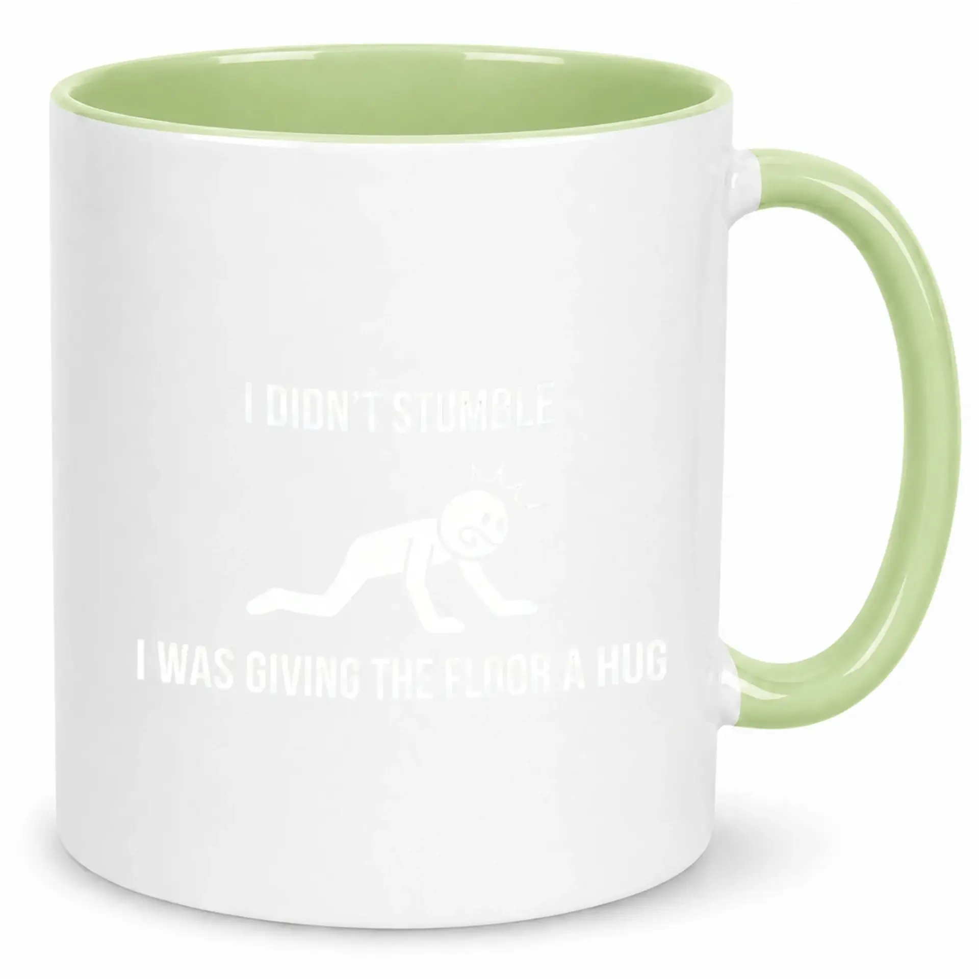 Funny Coffee Mug with Humorous Stick Figure Design White Ceramic Light Green Interior Gag Gift for Coworkers and Friends 11 Oz or 15 Oz Drinkware