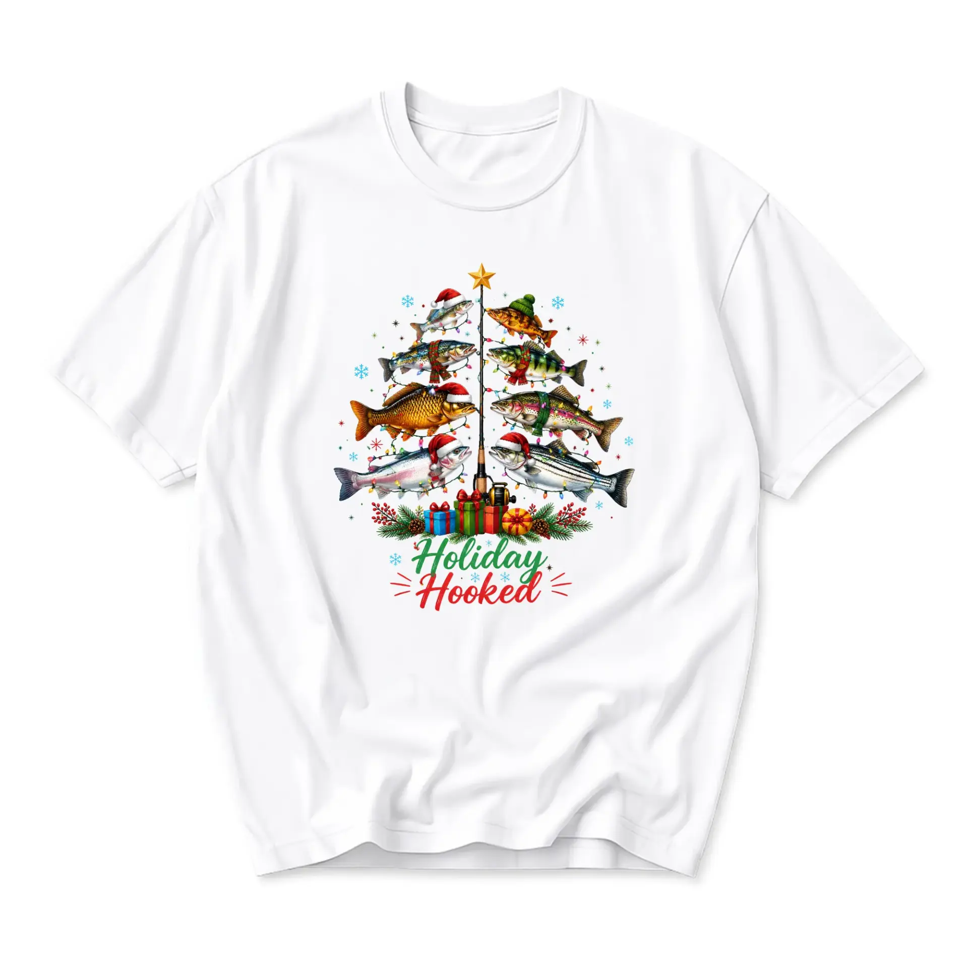 Graphic Tee Holiday Fishing Christmas Tree Design Unisex Crew Neck Short