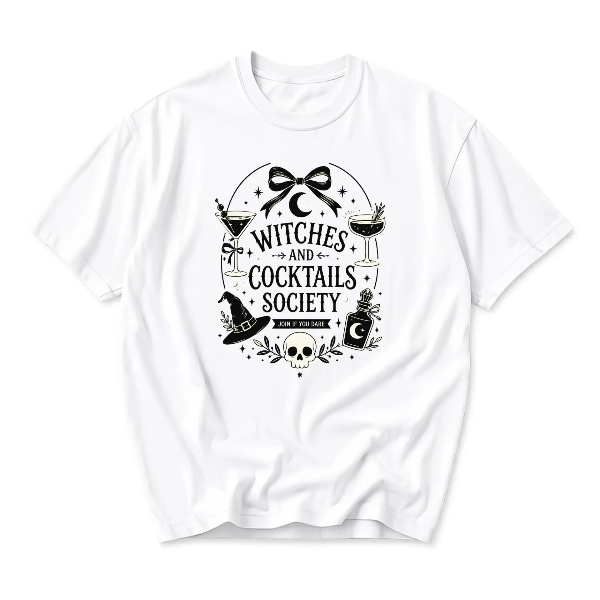 Funny Shirt Witches and Cocktails Society Graphic Tee Casual Unisex Crew Neck Top for Party Enthusiasts White