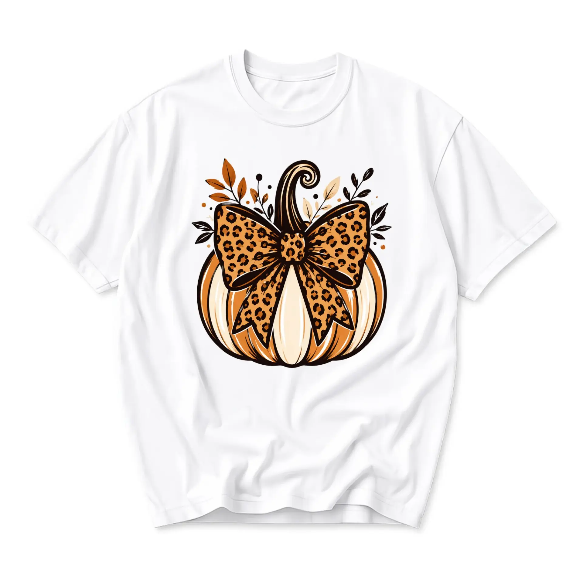 Graphic Tee Pumpkin with Leopard Print Bow Shirt Fall Season Festive Autumn Apparel Unisex Short Sleeve Crew Neck Top