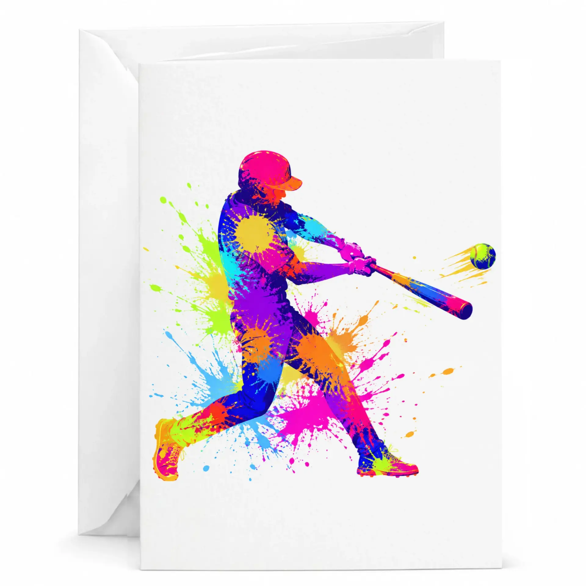 Greeting Card Baseball Player Splash Art Sport Illustration Heavyweight Paper Folded Note for Birthday Celebration