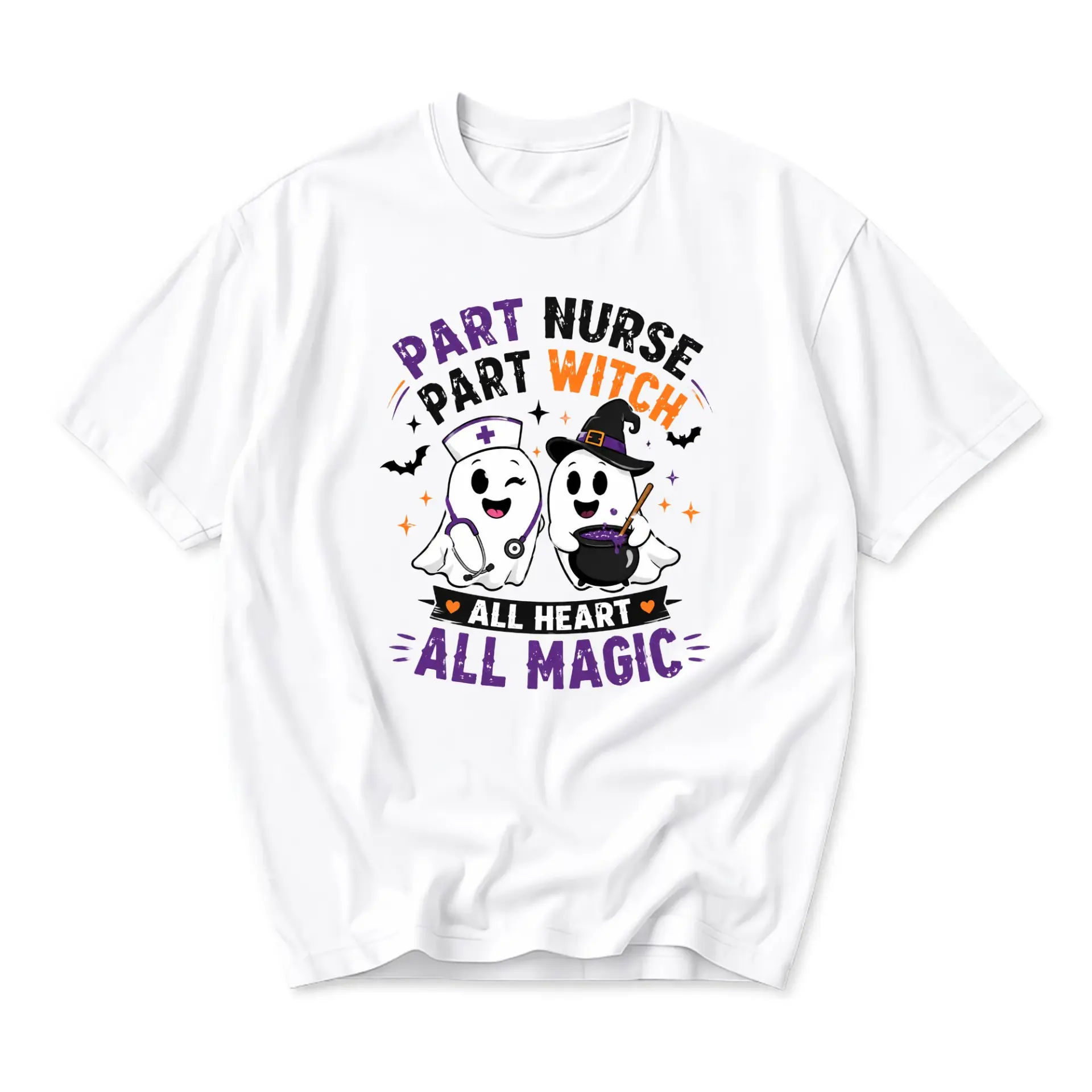Graphic Tee Part Nurse Part Witch All Heart All Magic Halloween Casual Unisex Crew Neck Comfortable Cotton Shirt