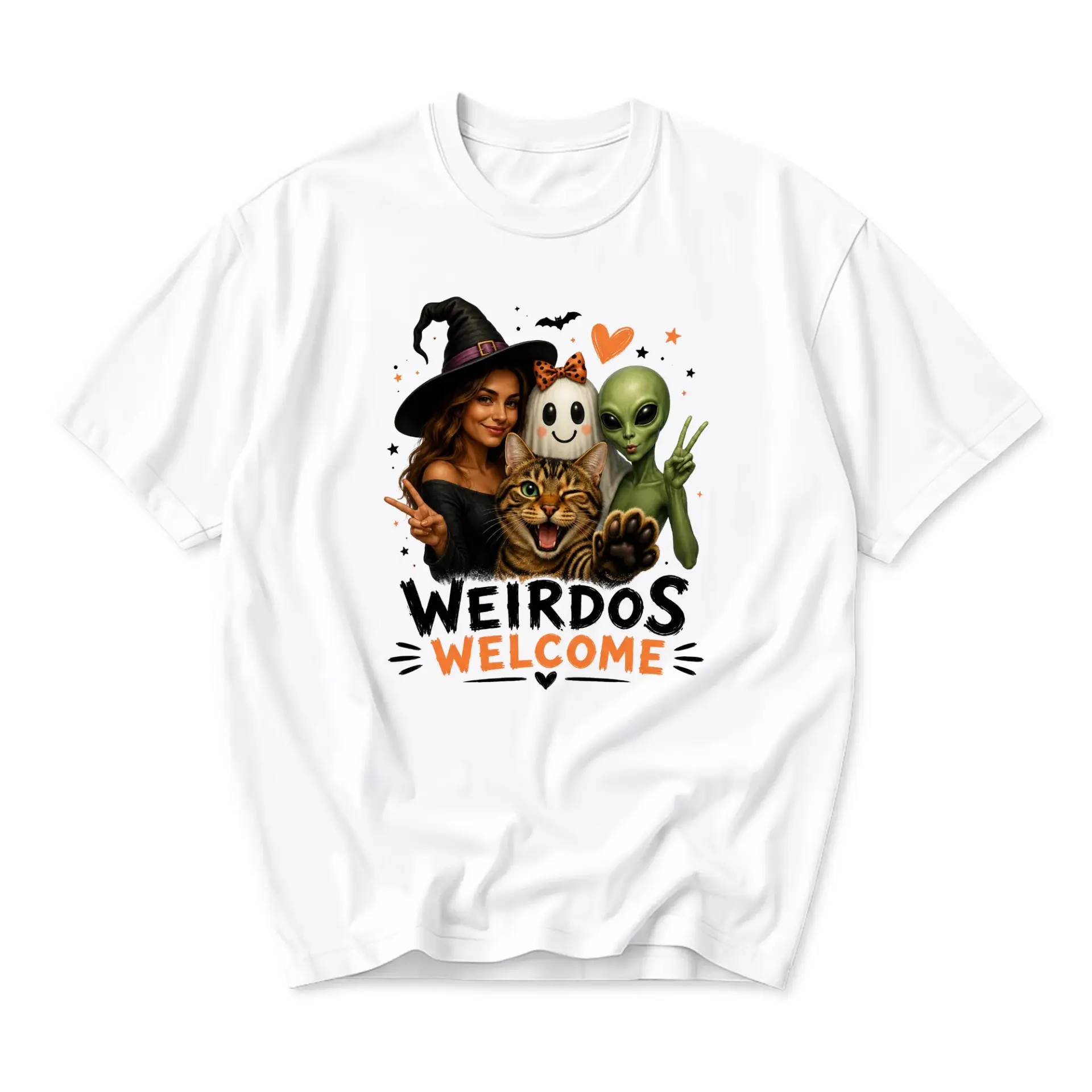 Graphic Tee Weirdos Welcome Halloween Shirt Featuring Witch Ghost Alien and Winking Cat Print Unisex Crew Neck Top