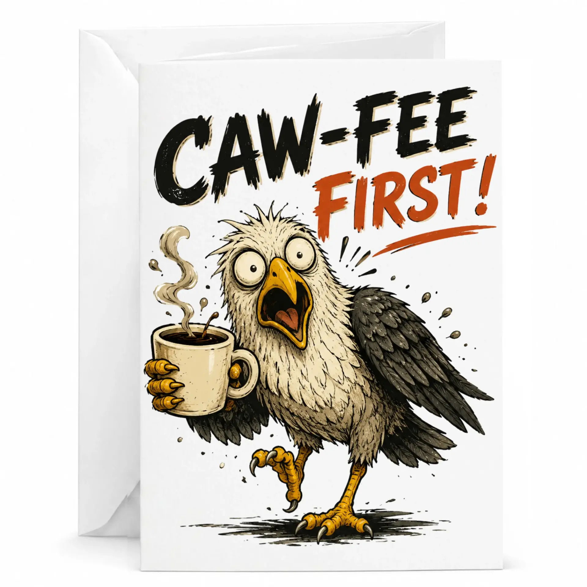 Funny Greeting Card Caw-Fee First Eagle Coffee Humor Note for Morning People and Caffeine Lovers 5x7 Inches