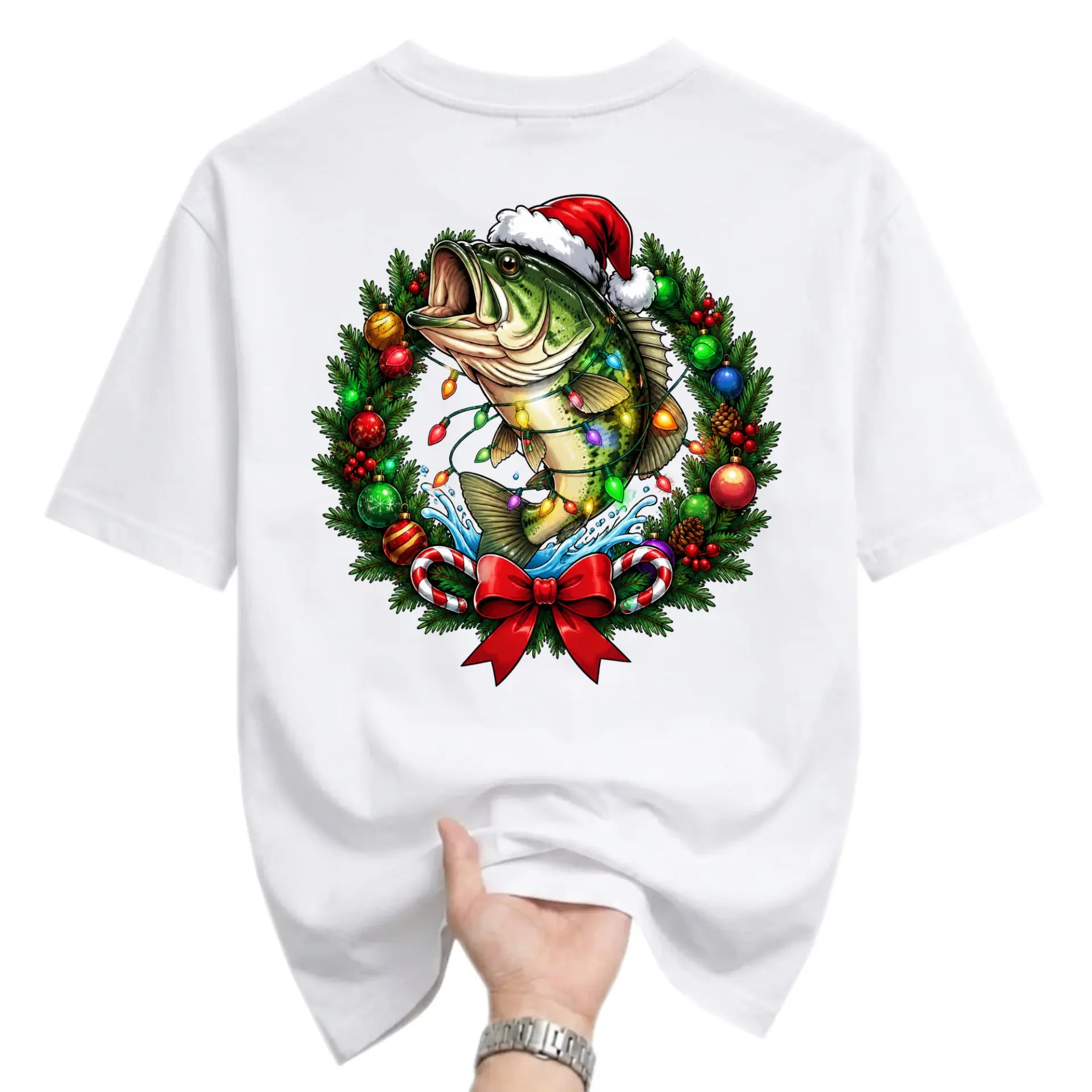Graphic Tee Unisex Crew Neck T-Shirt Featuring Fish Wearing Santa Hat Wrapped in Christmas Lights Holiday Wreath