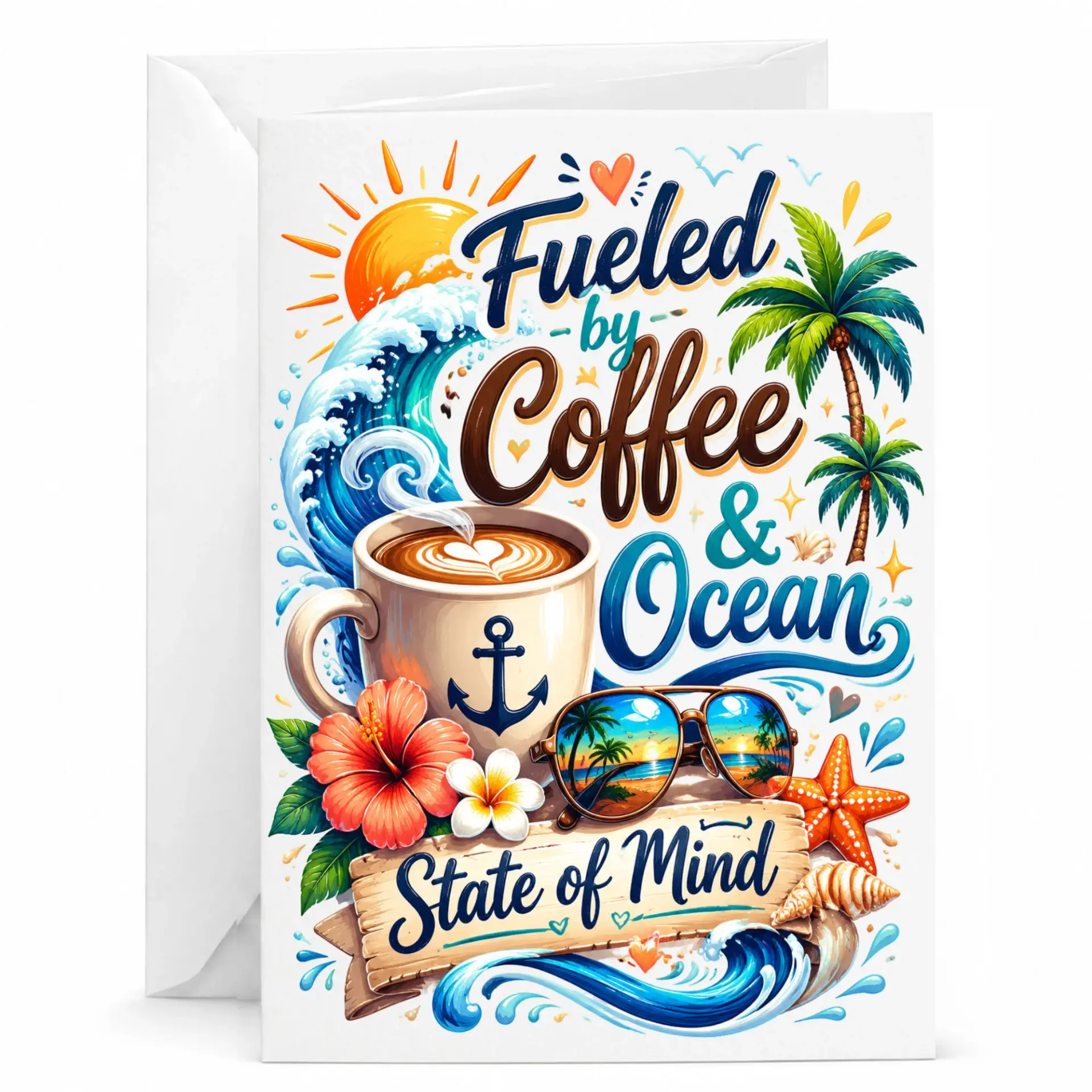Greeting Card Fueled by Coffee and Ocean State of Mind Beach Theme Tropical Artwork Folded Note with White Envelope