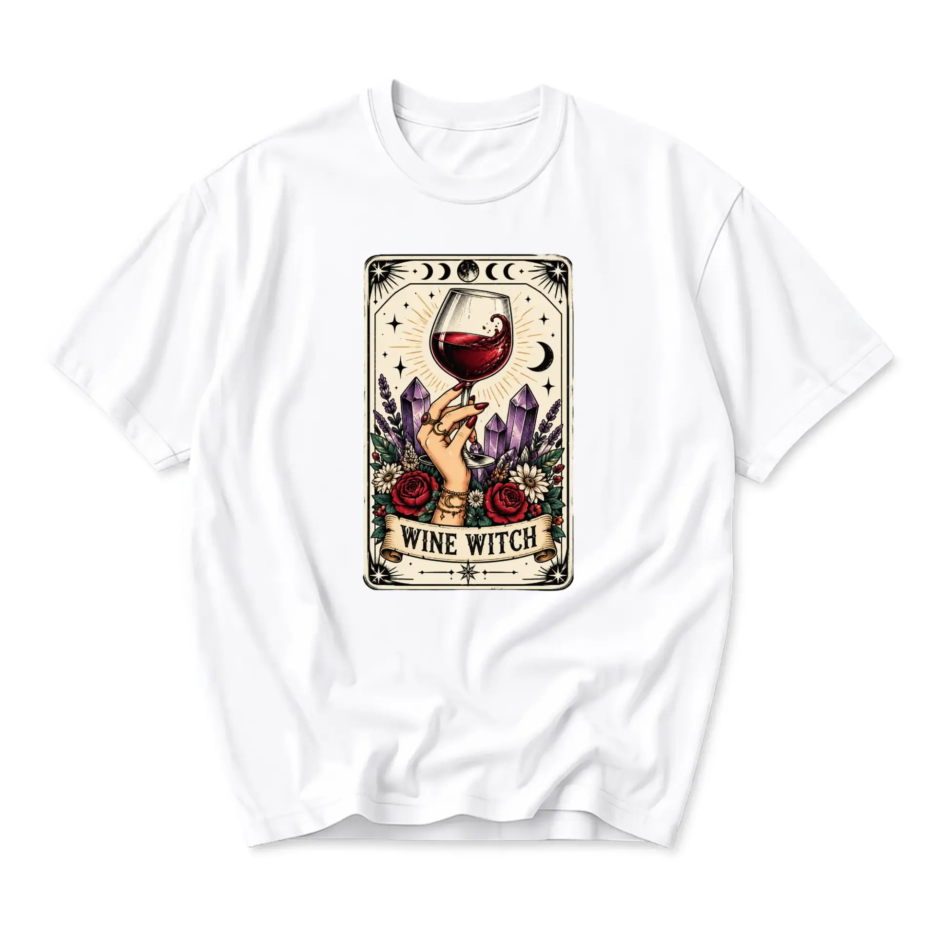 Graphic Tee Wine Witch Tarot Card Design Unisex Crew Neck Soft Cotton Casual Everyday Top for Men and Women
