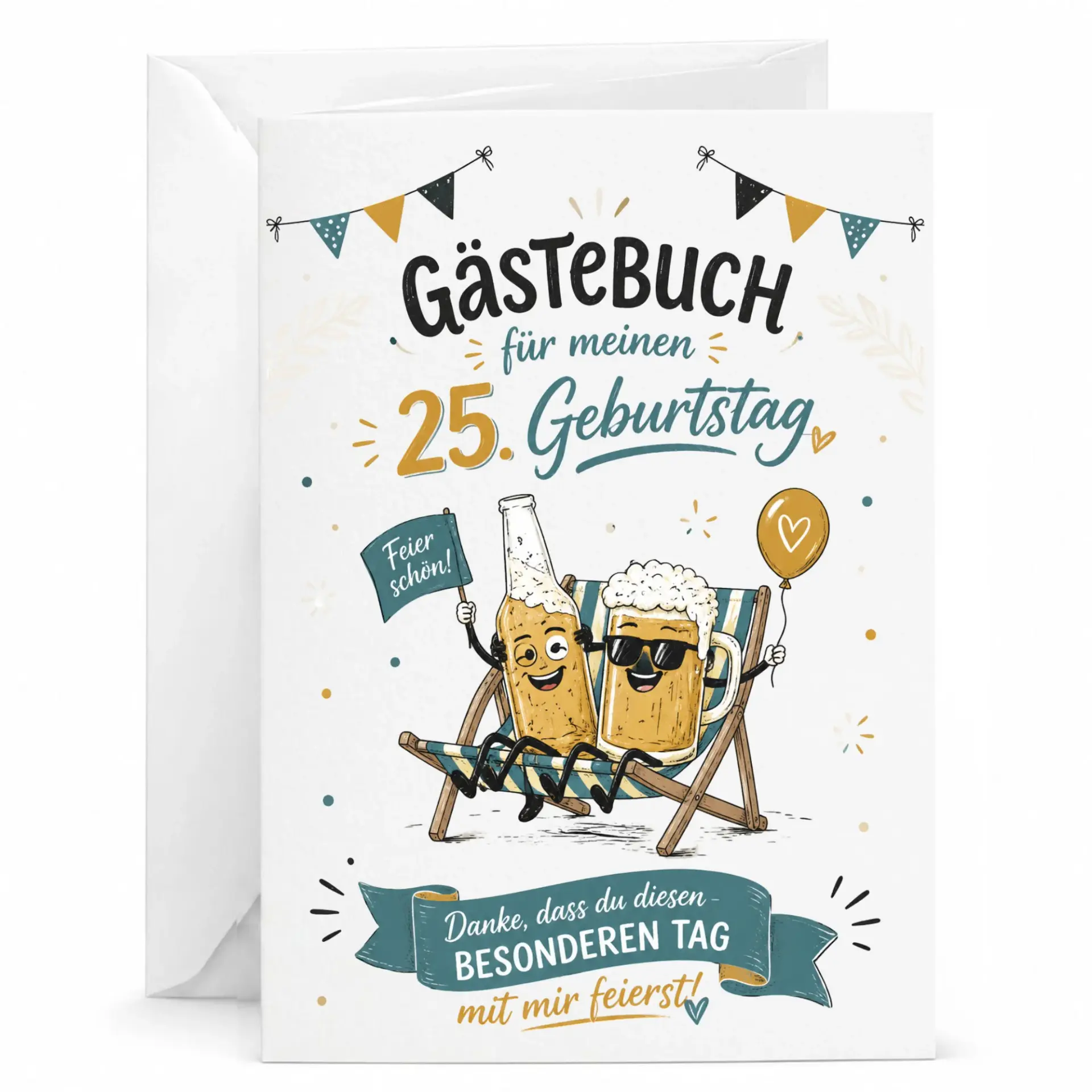 Birthday Card for 25th Birthday Guestbook with Fun Beer Character Design for Milestone Celebration Party Greeting