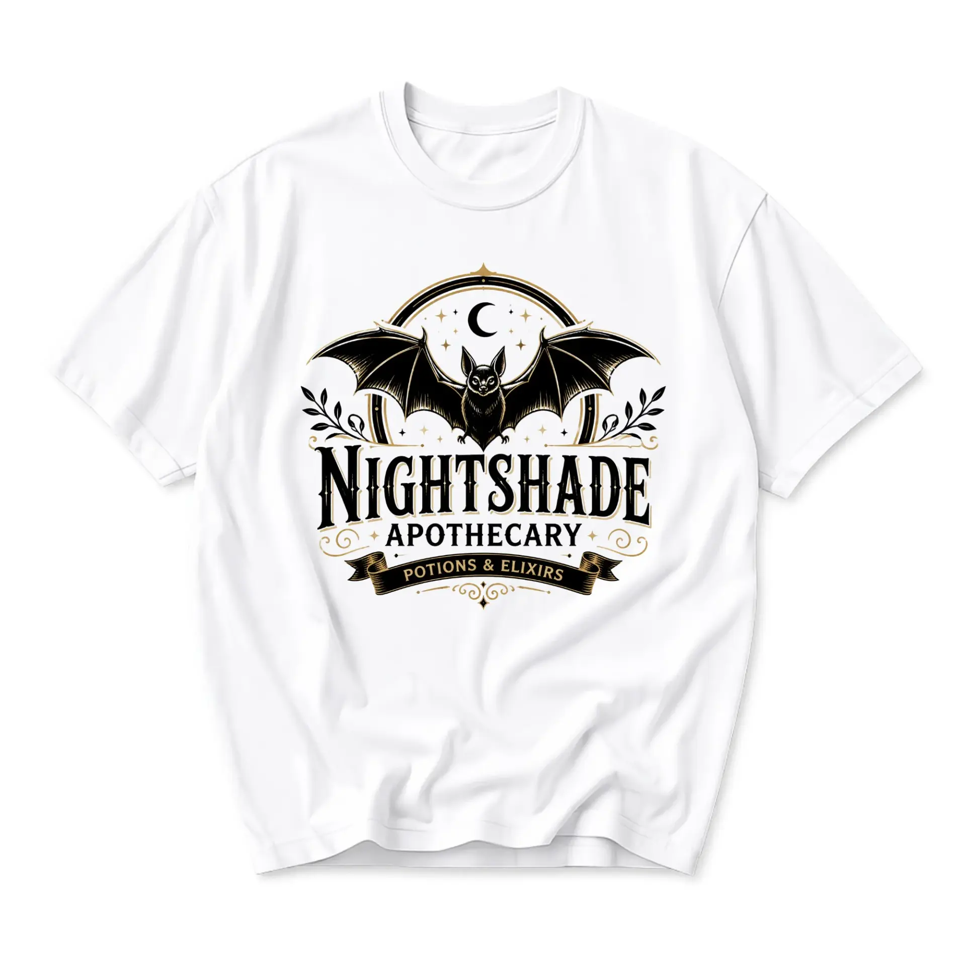 Graphic Tee Nightshade Apothecary Potions and Elixirs Bat Illustration Unisex Short Sleeve Crew Neck Casual Shirt