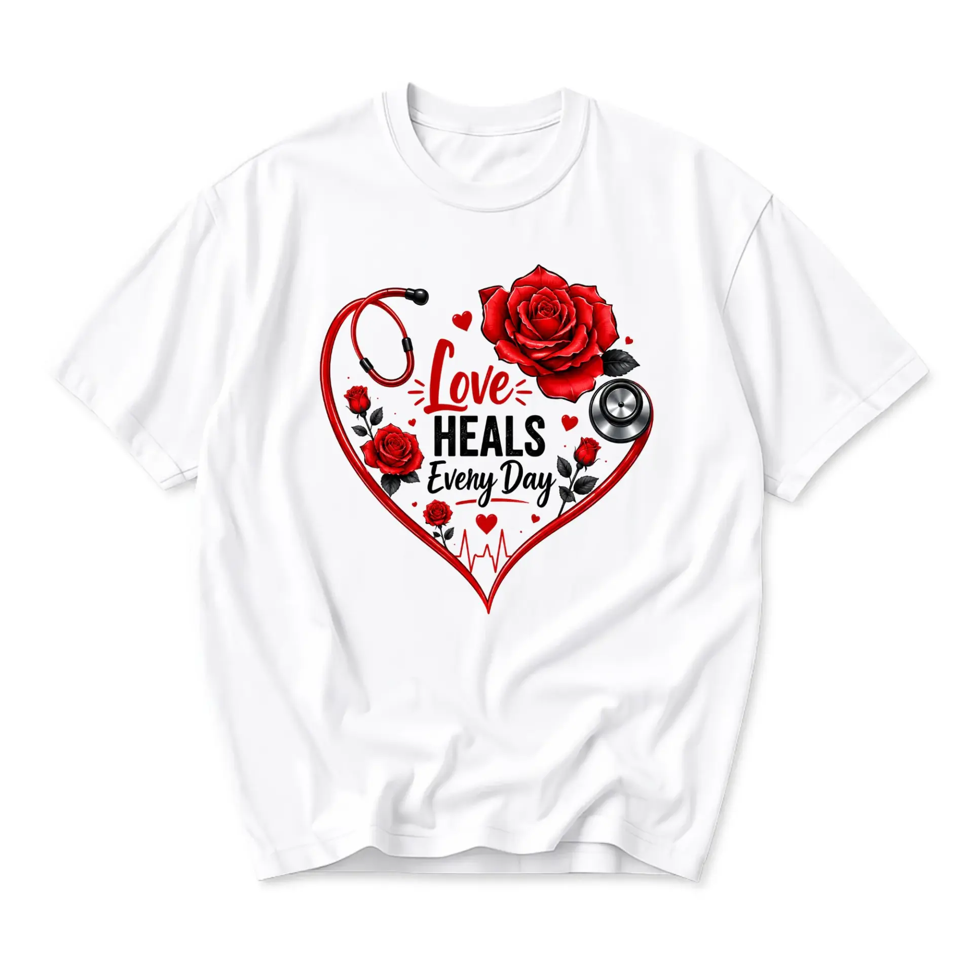 Graphic Tee Love Heals Every Day Floral Heart Stethoscope Print Unisex Cotton Crew Neck Short Sleeve Casual T-Shirt