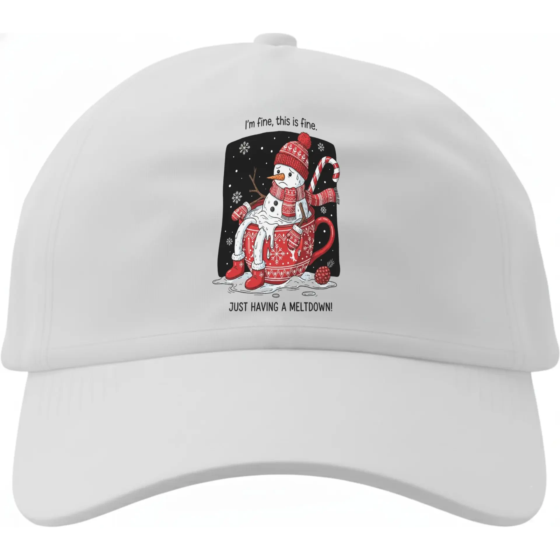 Baseball Cap Funny Melting Snowman Graphic Humorous Holiday Hat for Casual Everyday Wear and Outdoor Activities White