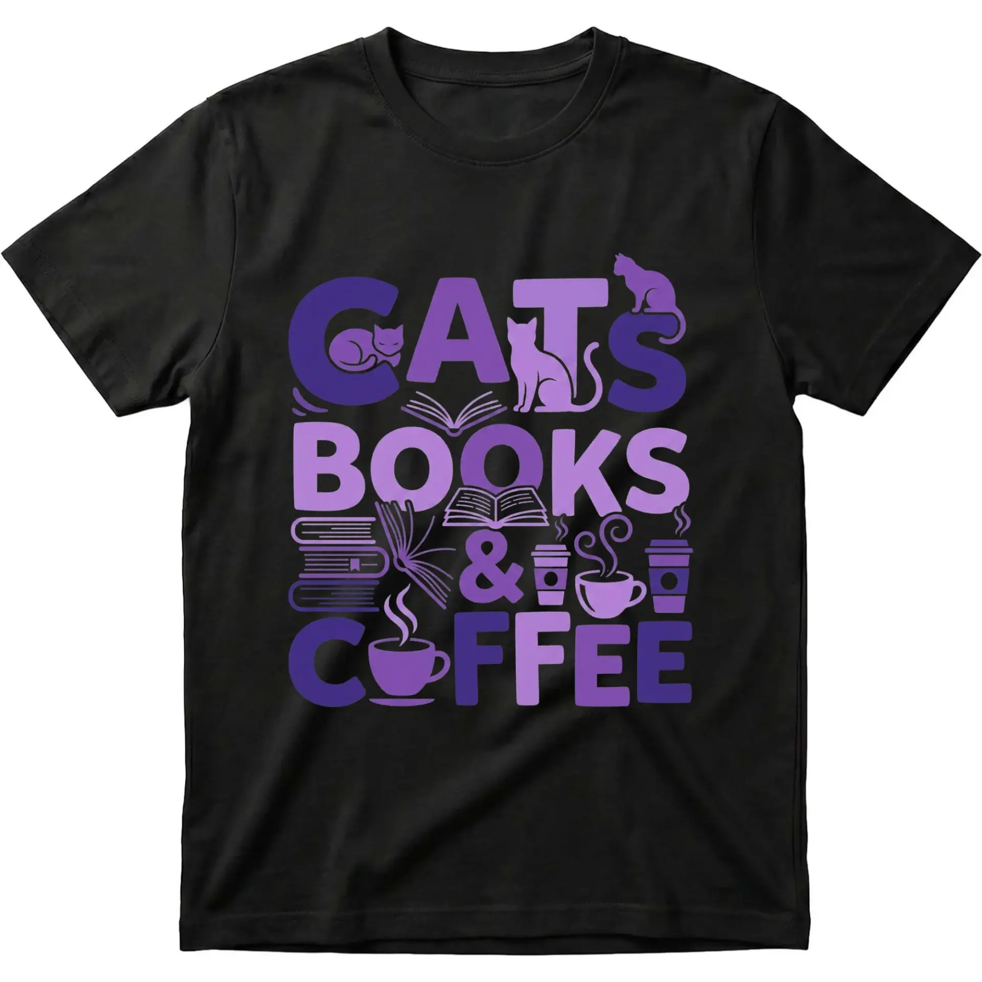 Graphic Tee Cats Books and Coffee Unisex T-Shirt Casual Everyday Apparel with Purple Typography Design
