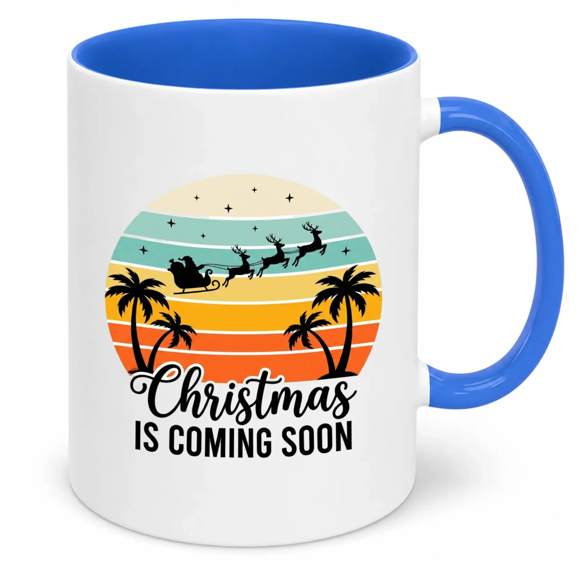 Funny Christmas Ceramic Coffee Mug with Santa Sleigh and Reindeer Flying over Tropical Sunset Palm Tree Design Holiday Gift Cup