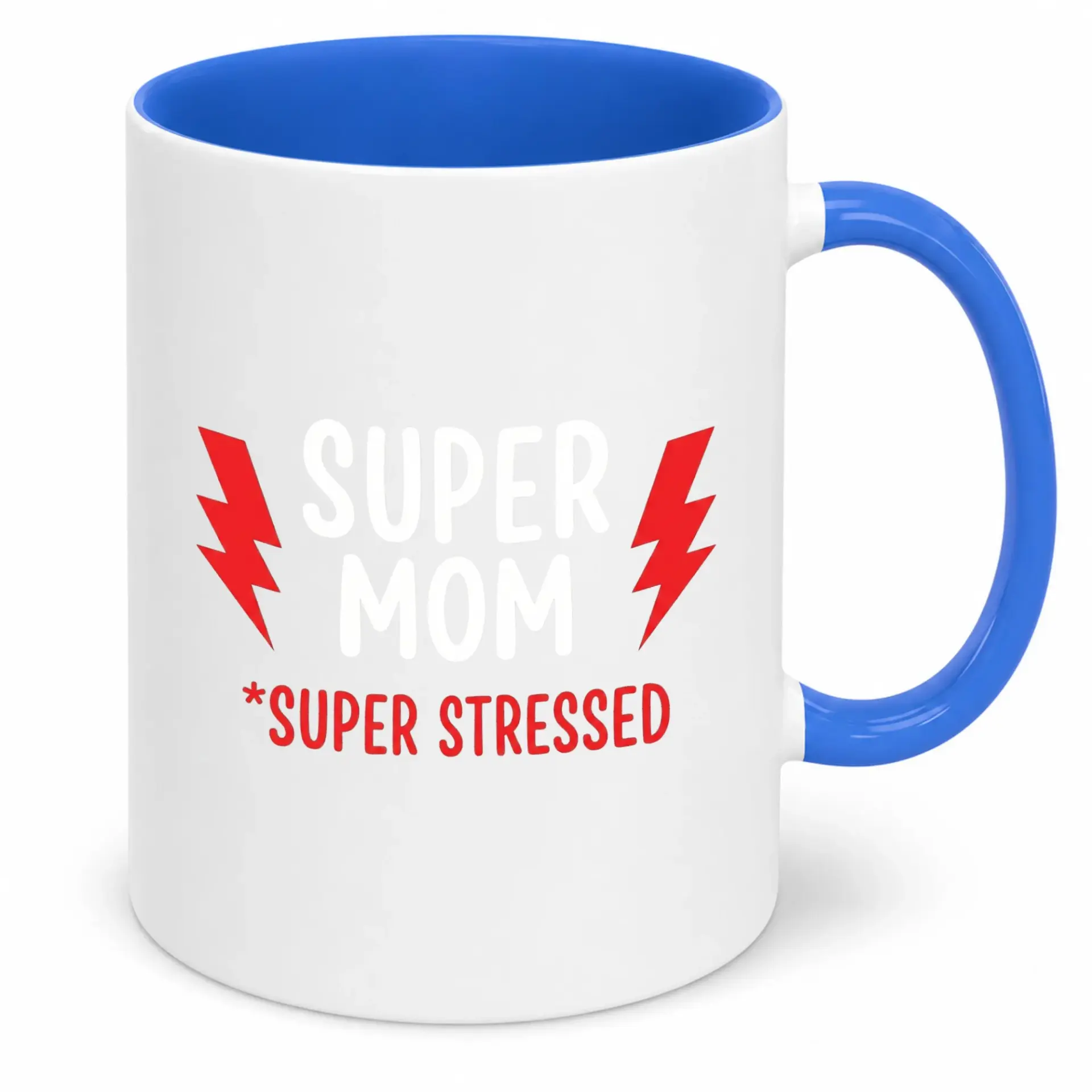 Funny Super Mom Stressed Ceramic Coffee Mug with Blue Handle Humorous Lightning Design Cup Unique Gift for 11 Oz or 15 Oz Size