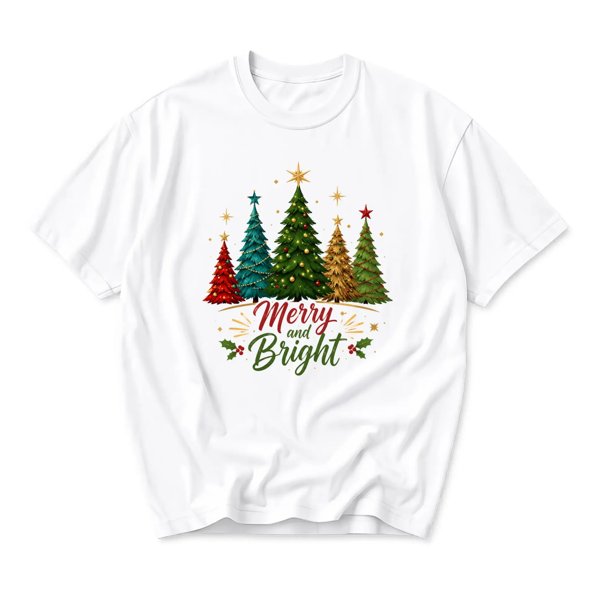 T-shirt Merry and Bright Christmas Tree Graphic Print Unisex Crew Neck