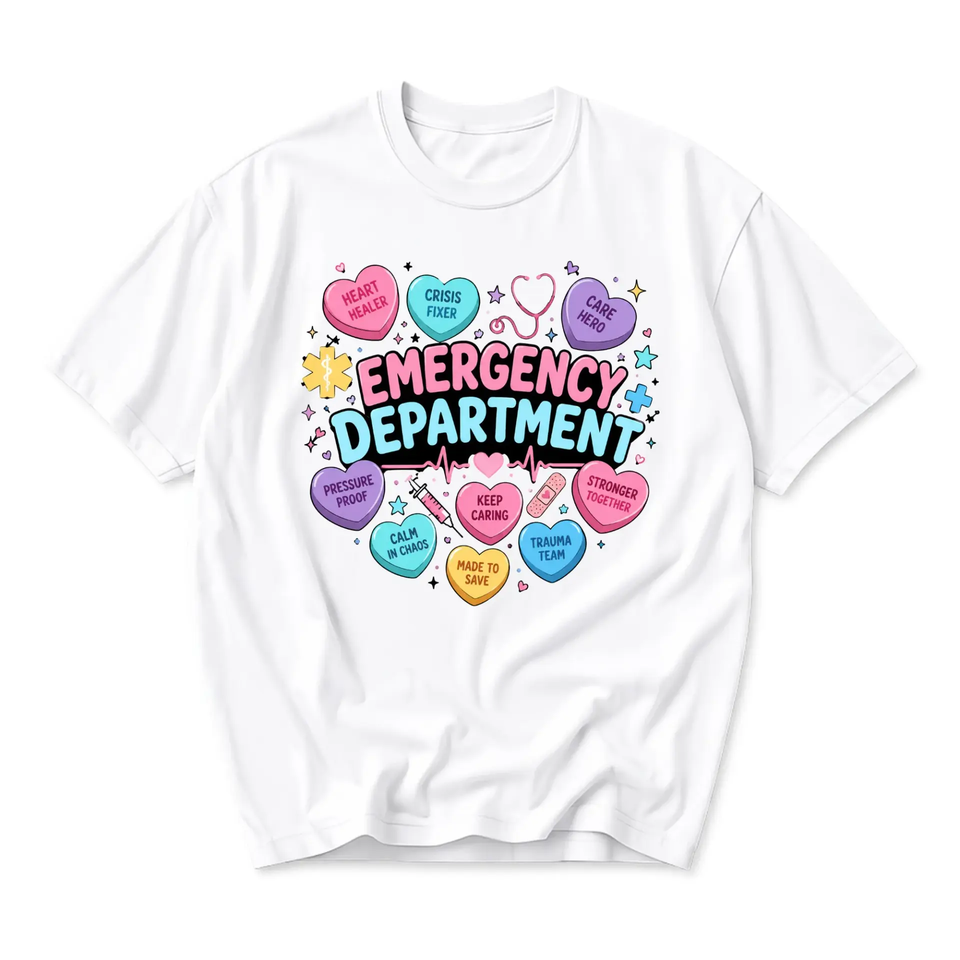 Graphic Tee Emergency Department Heart Candy Print Unisex Crew Neck Shirt for Medical Professionals and Hospital Staff