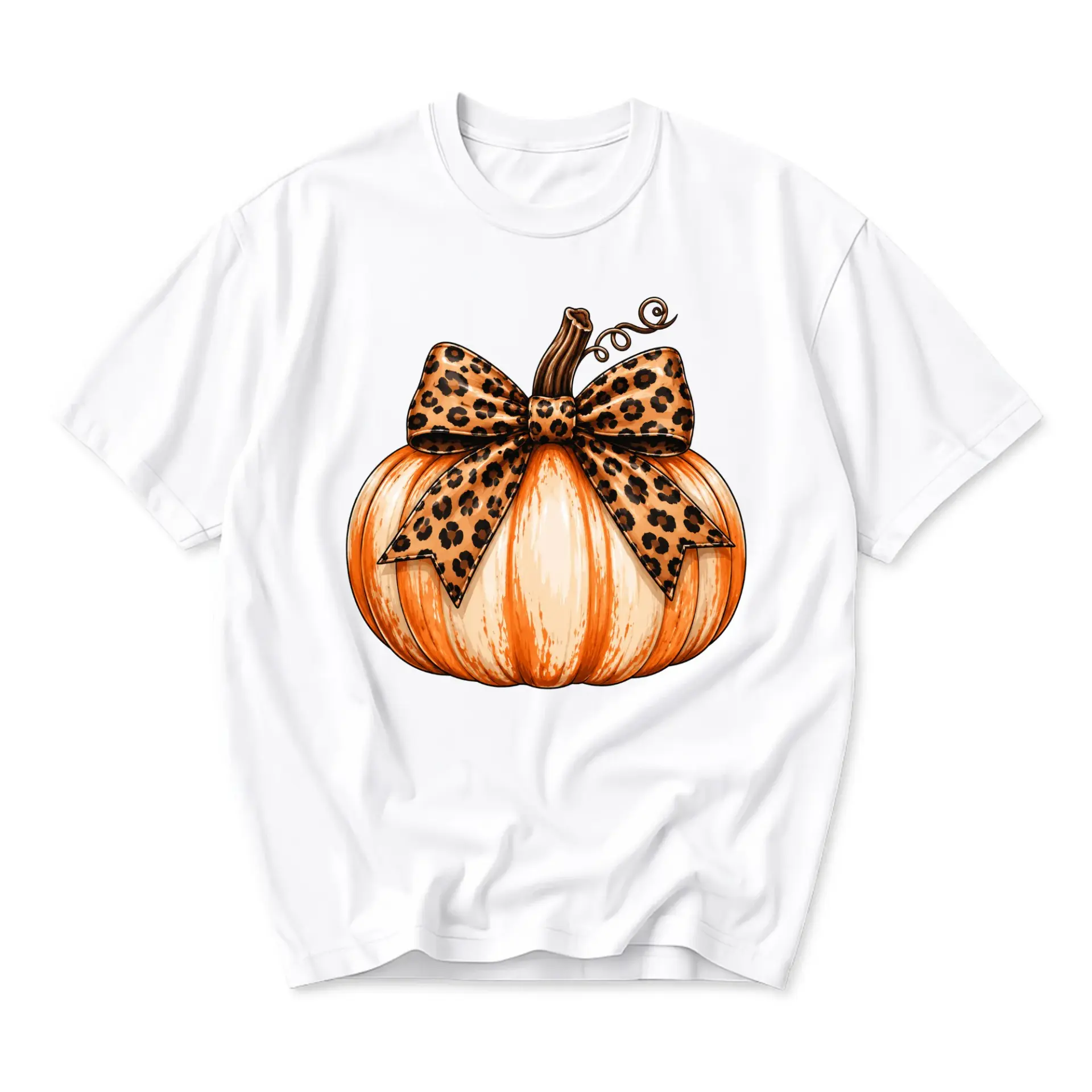 Graphic Tee Pumpkin with Leopard Print Bow Autumn Fall Season Casual Unisex Crew Neck Comfortable Everyday Shirt