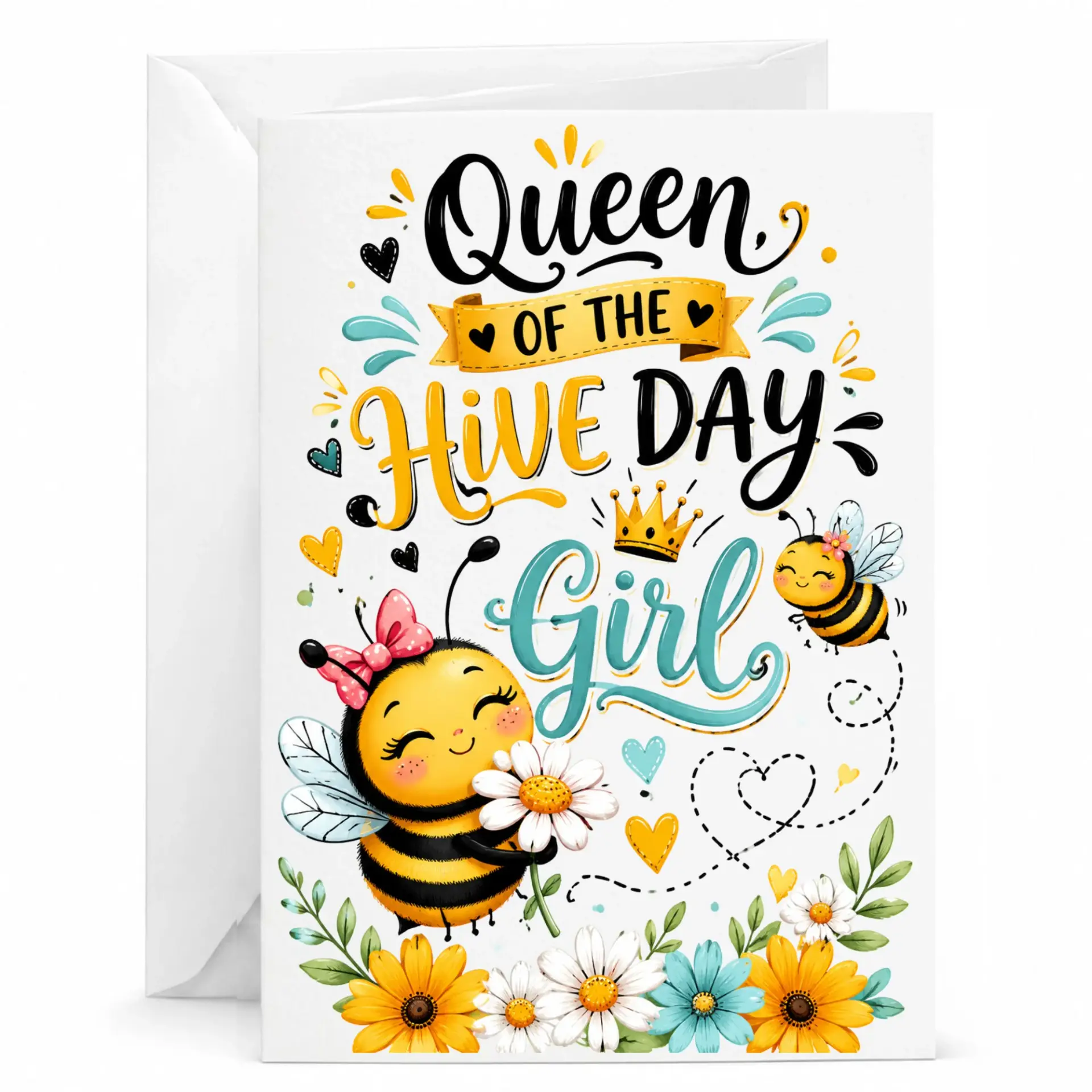 Queen of the Day Greeting Card with Matching Envelope Cute Bee and Flower Floral Design for Special Occasions