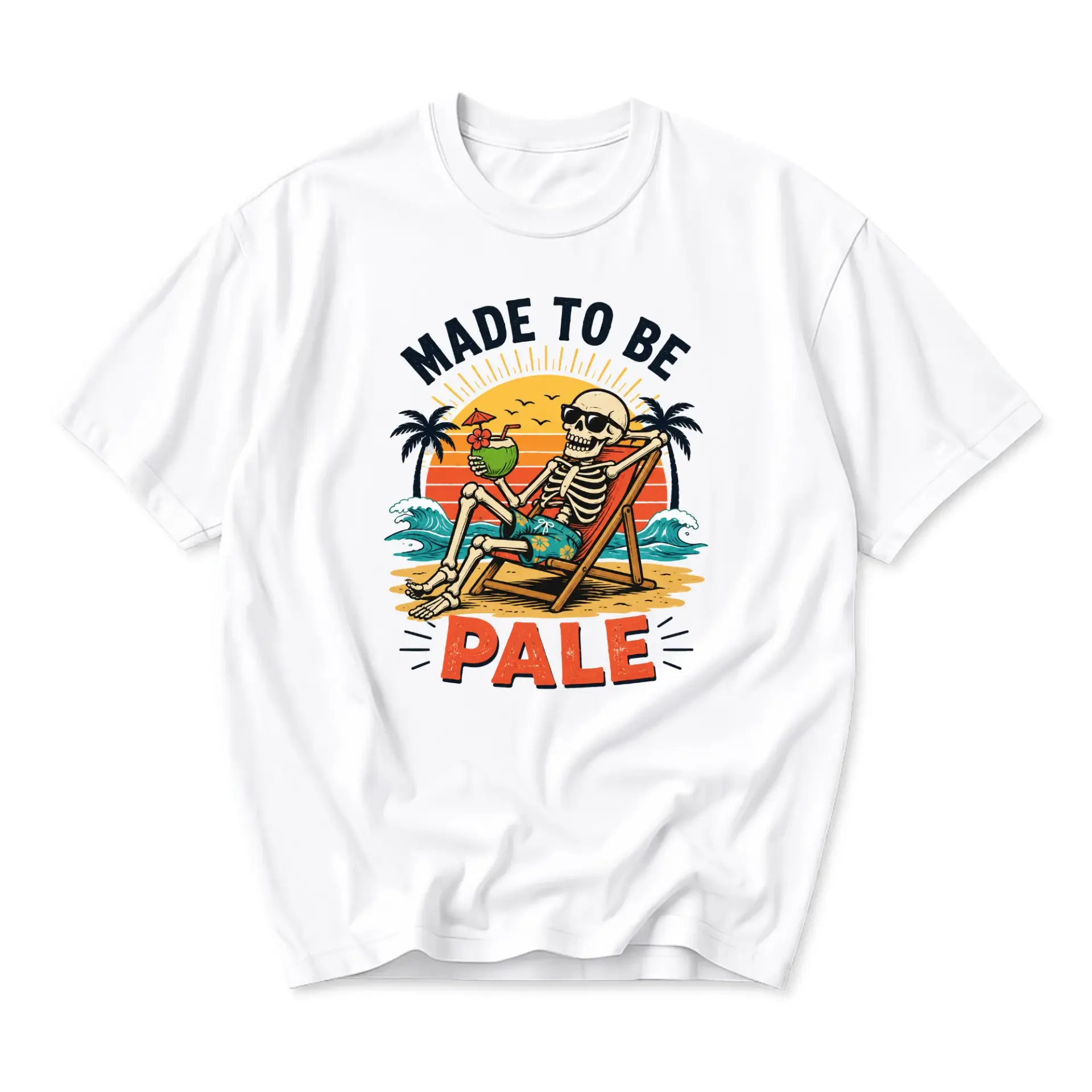 Graphic Tee Made to Be Pale Skeleton Summer Beach Vacation Unisex Crew Neck Short Sleeve Soft Casual Cotton T-Shirt