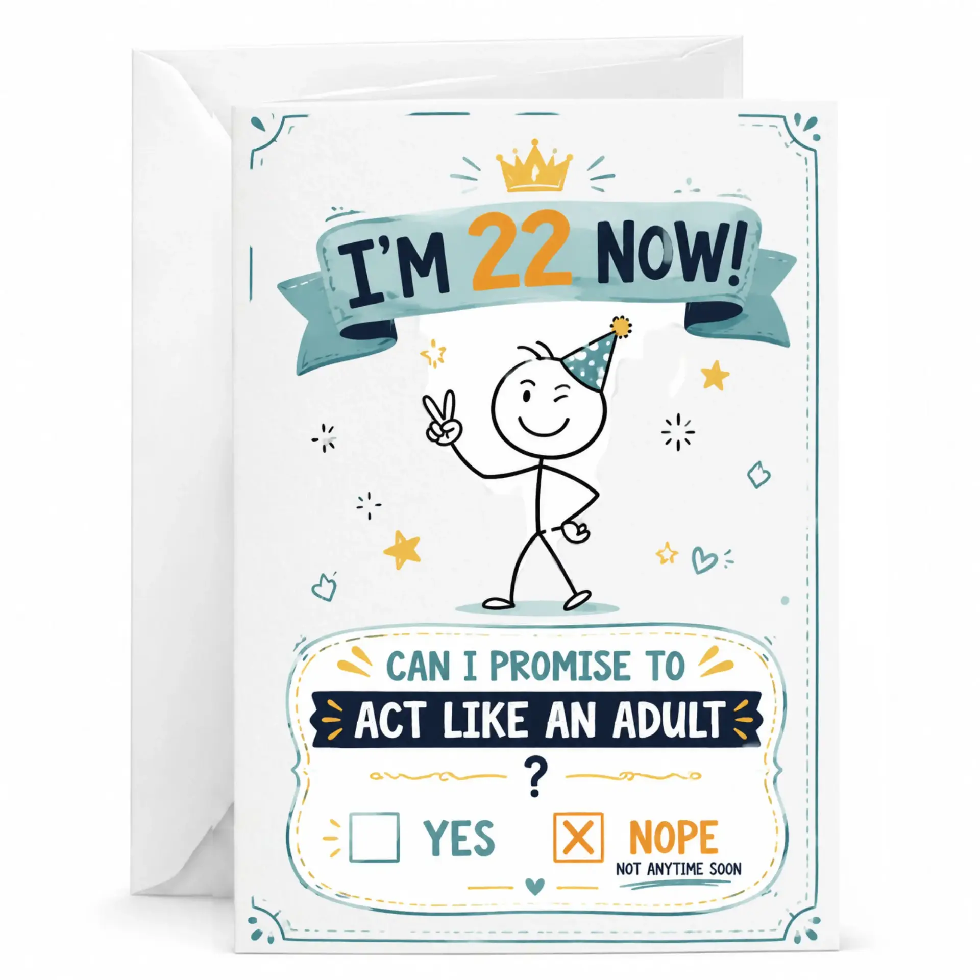 Funny Birthday Card for 22nd Birthday, Humorous Greeting Card with Stick Figure Design, Keepsake Paper Stationery