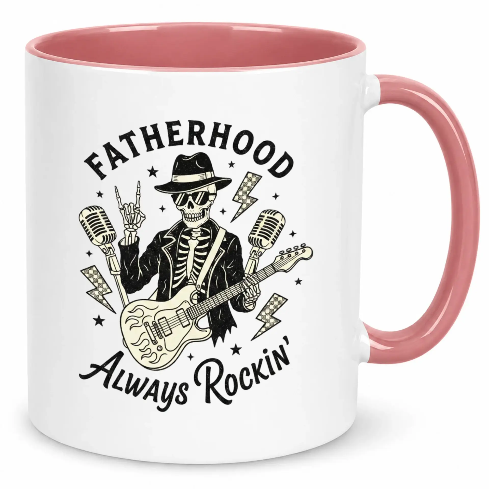 Funny and Roll Dad Ceramic Coffee Mug with Skeleton Guitarist Design Unique Fatherhood Always Rockin' Beverage Cup Gift