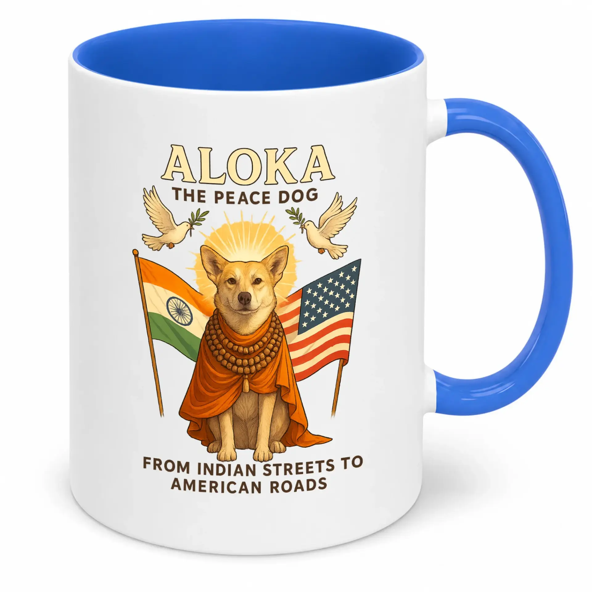 Coffee Mug with Aloka the Peace Dog Design, Indian and American Flags, Doves and Sun, Inspiring Journey White Ceramic Cup