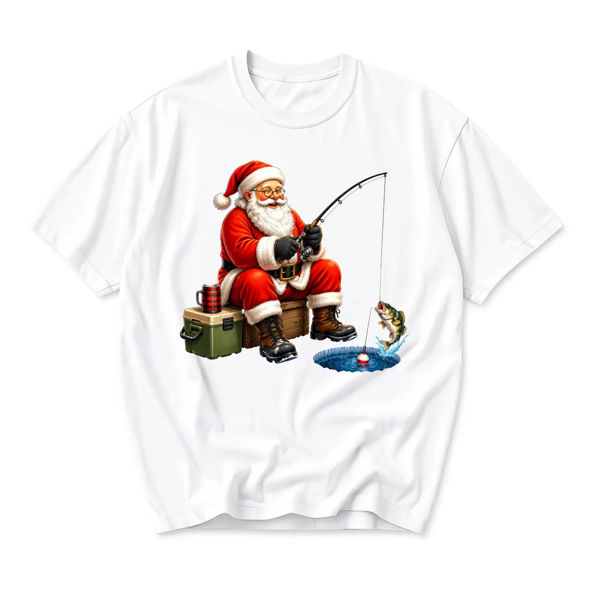 Funny Shirt Fishing Santa Graphic Tee Holiday Fisherman Gift Unisex Casual