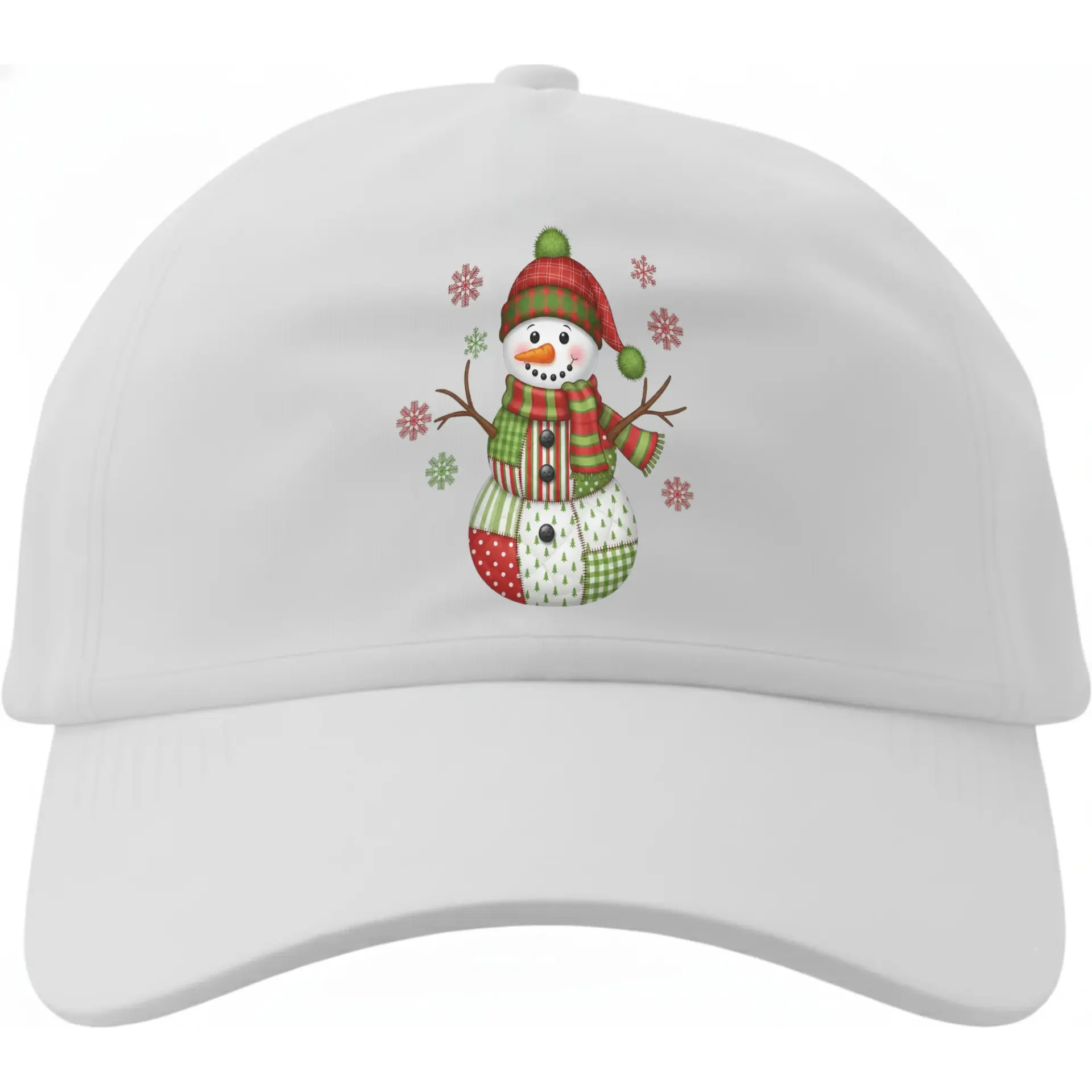 Dad Hat Baseball Cap Featuring a Cheerful Patchwork Snowman with Festive Holiday Colors and Winter Snowflake Design