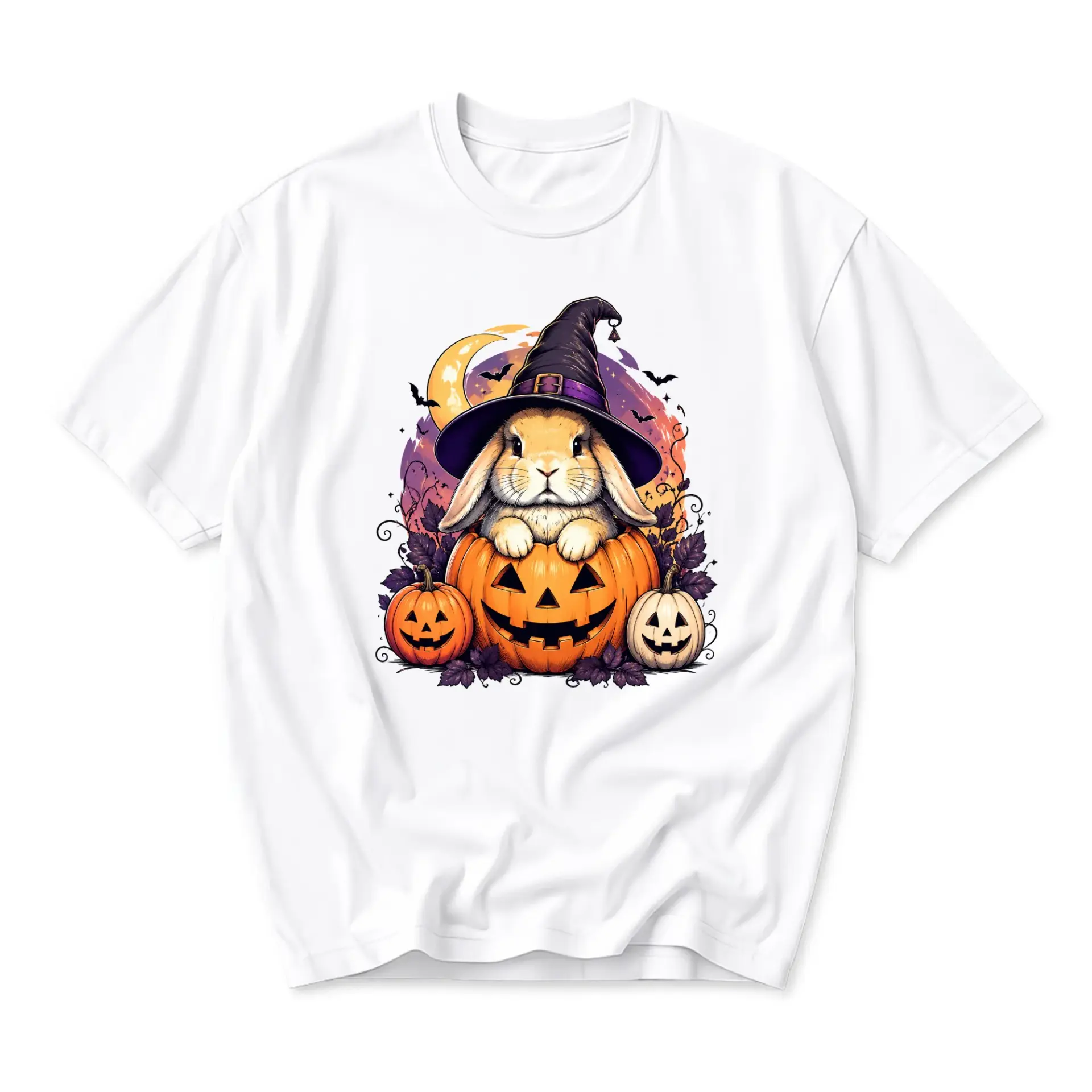 Graphic Tee Unisex Crew Neck T-Shirt Featuring a Cute Bunny in a Witch Hat Sitting Inside a Festive Jack O Lantern