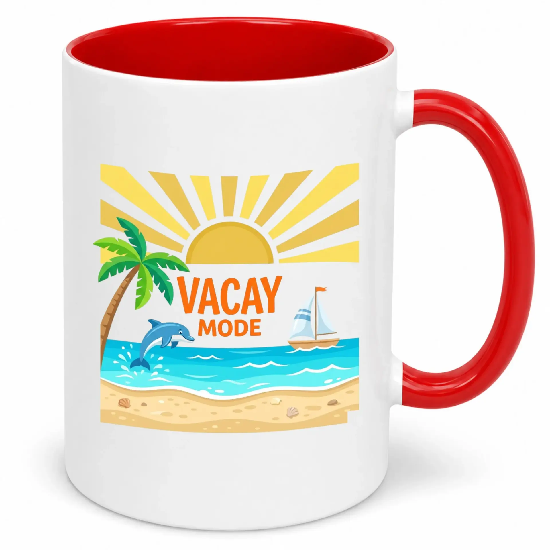 Funny Beach Vacation Ceramic Coffee Mug with Tropical Scene Design and 'vacay Mode' Text, 11 Oz or 15 Oz Beverage Cup