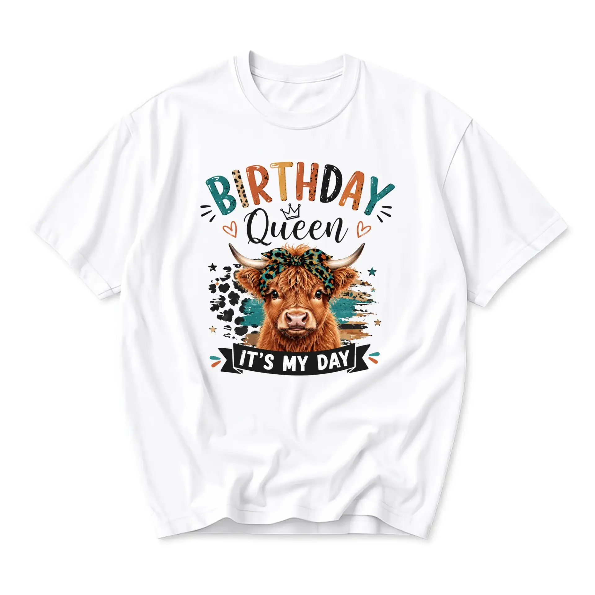 Birthday Queen Cow Graphic T-Shirt Unisex Crew Neck Casual Everyday Top for Celebration Enthusiasts