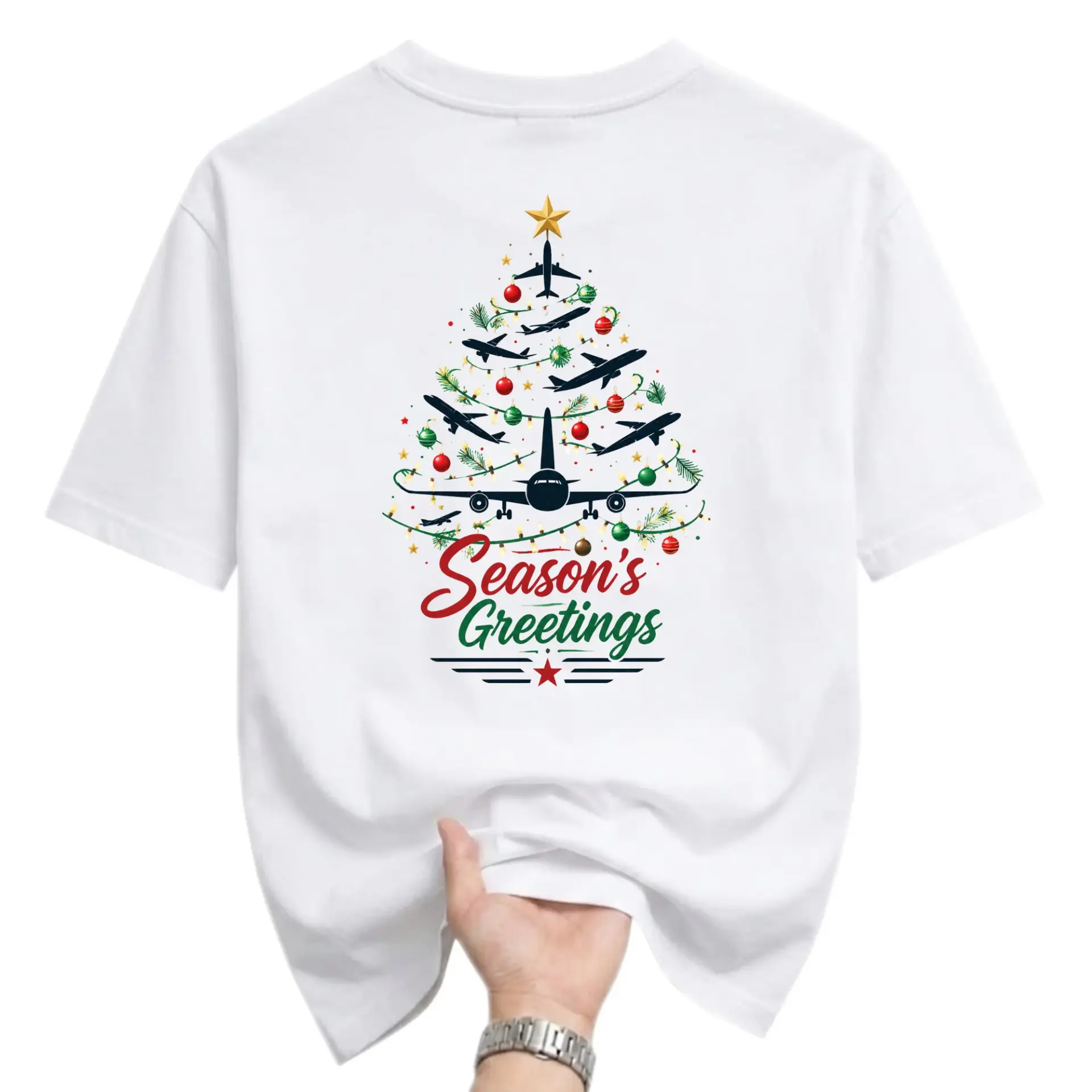 Graphic Tee Airplane Christmas Tree Holiday Shirt Unisex Casual Crew Neck Apparel for Aviation Enthusiasts and Travelers