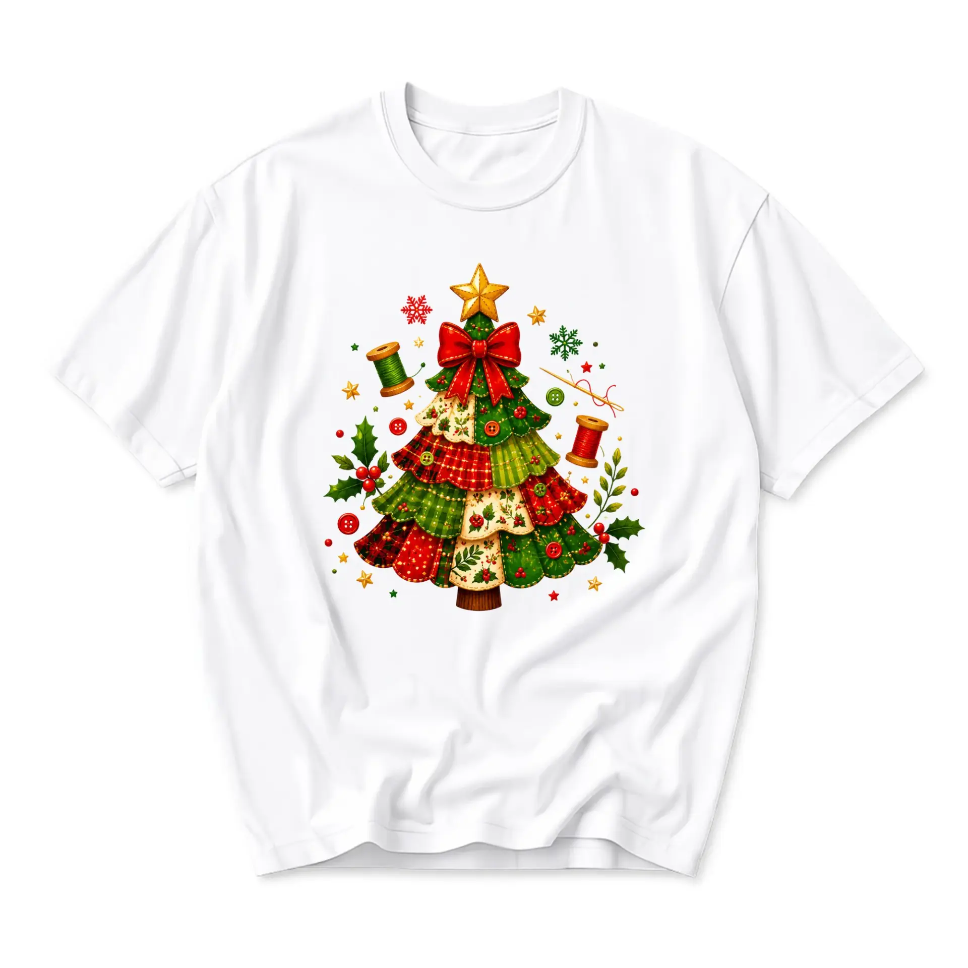 T-shirt Christmas Tree Sewing Theme Graphic Tee Unique Holiday Apparel for Casual Wear and Celebrations