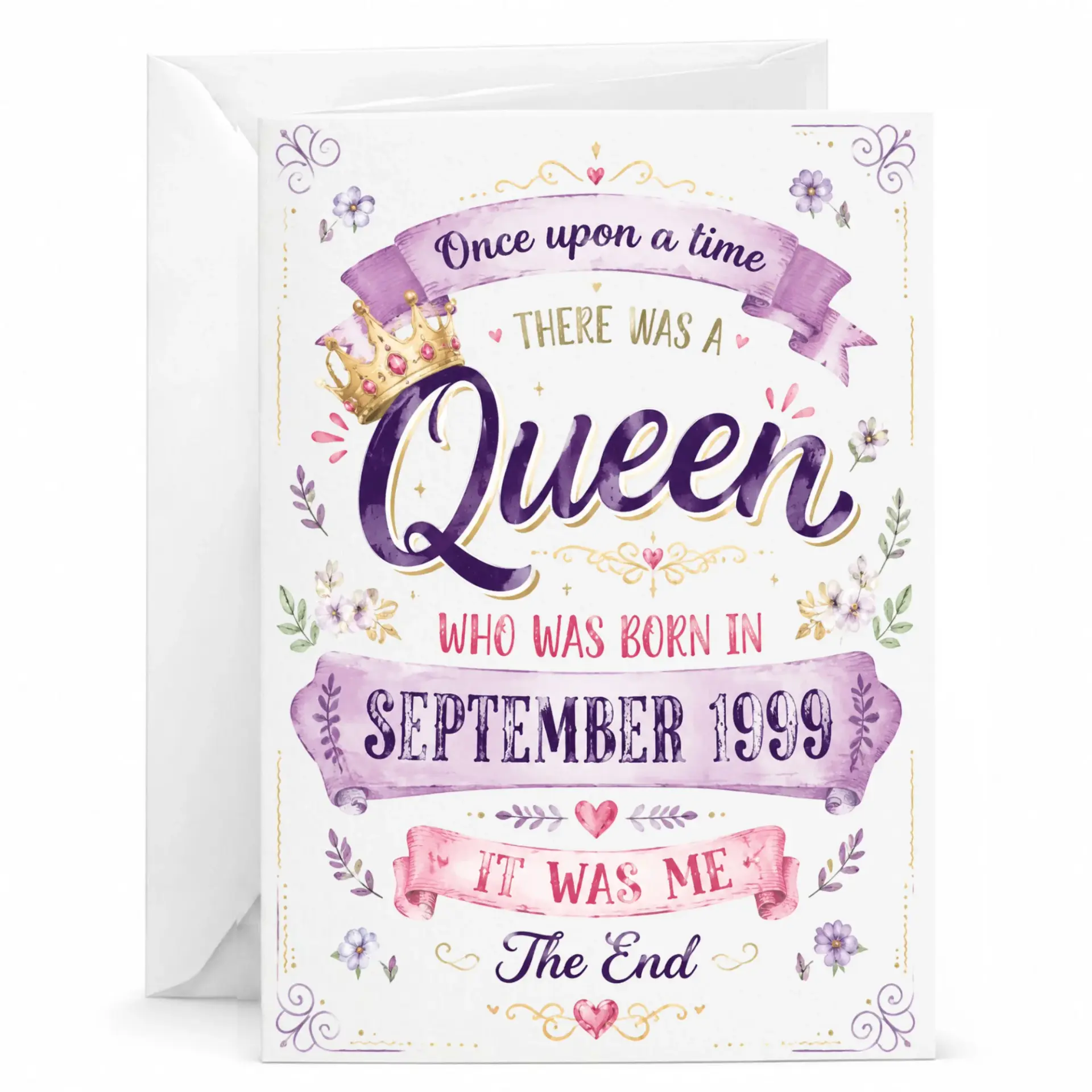 Birthday Card for Women Born in September 1999 Elegant Queen Crown Floral Design Greeting Card with Matching Envelope