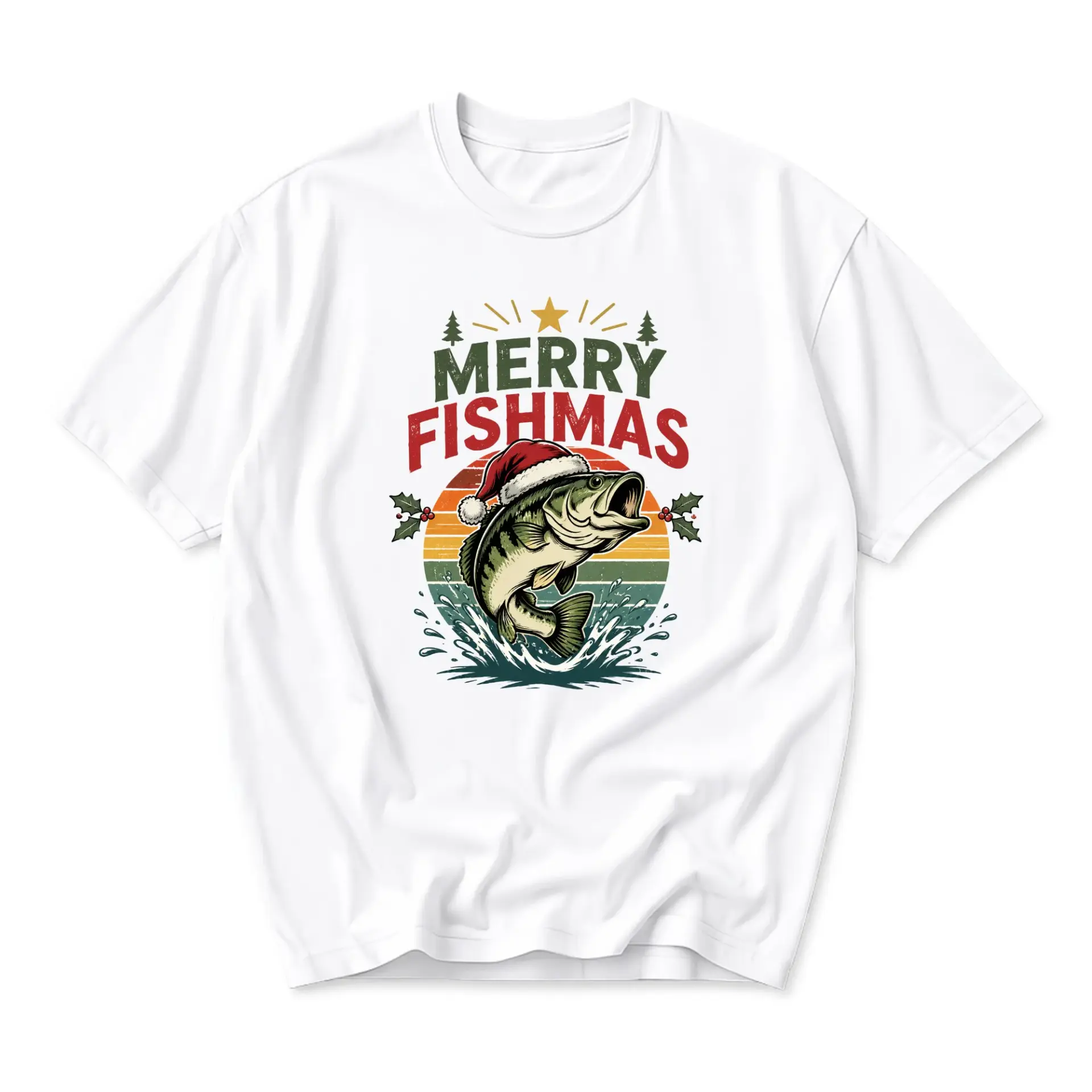 Funny Shirt Merry Fishmas Bass Fishing Holiday Graphic Tee Casual Unisex Crew Neck Short Sleeve Cotton Apparel