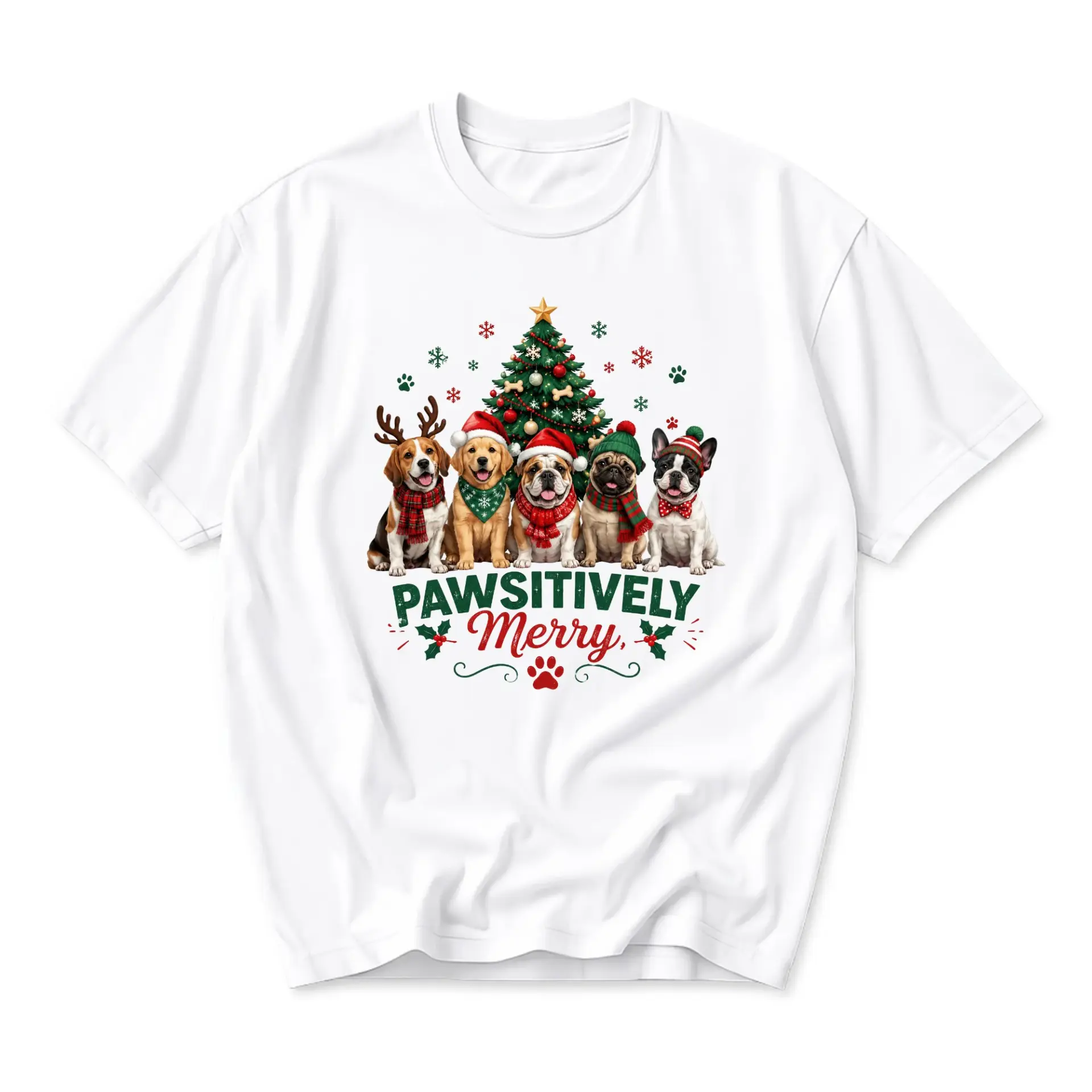 Graphic Tee Pawsitively Merry Christmas Dog Shirt Seasonal Holiday Crew