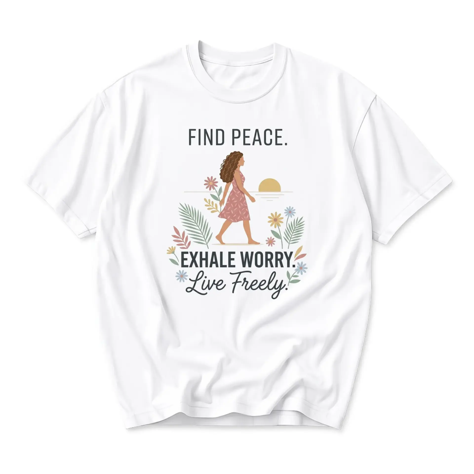 Graphic Tee Find Peace Exhale Worry Live Freely Nature Inspired Art Unisex Crew Neck Casual Everyday Cotton Shirt