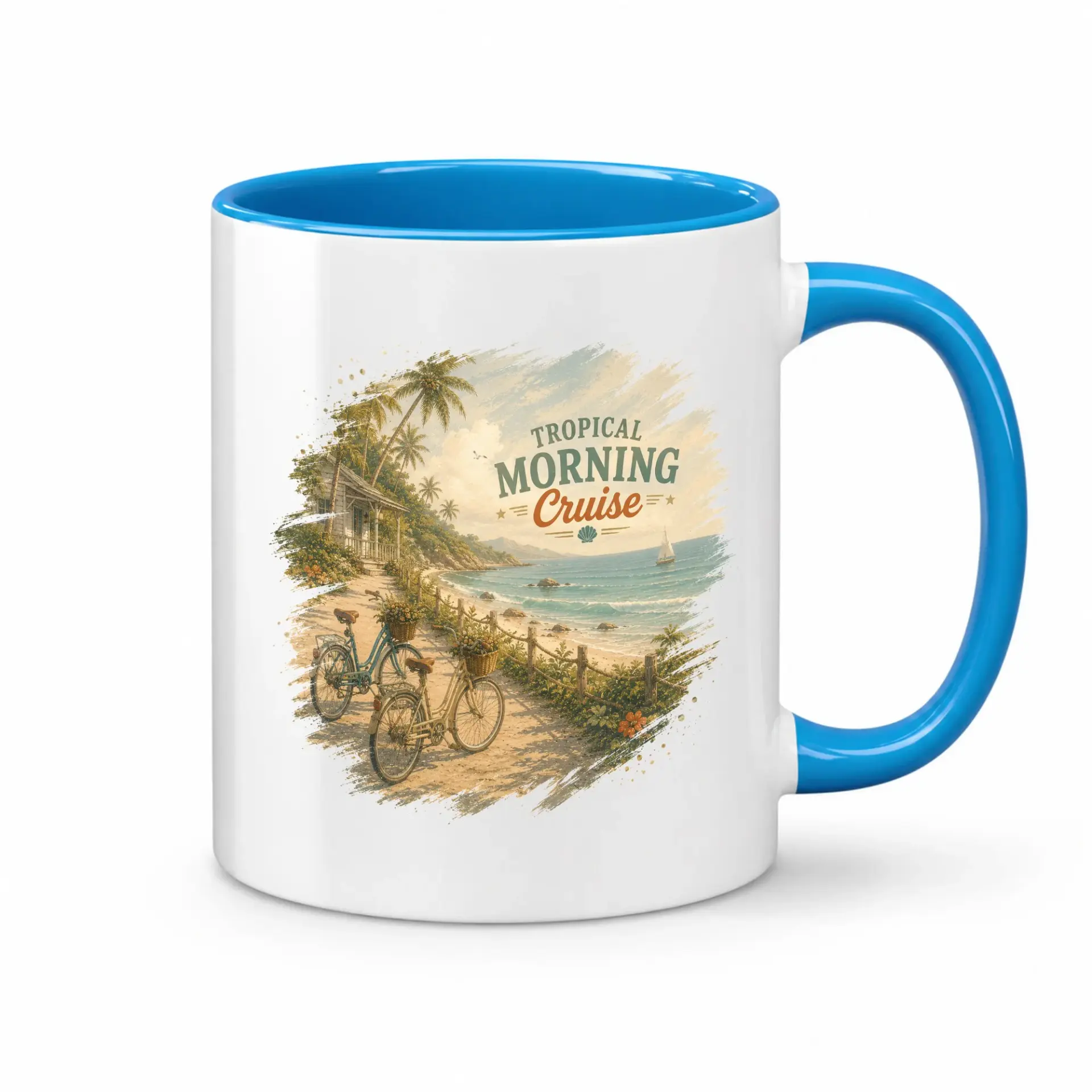 Tropical Morning Cruise Ceramic Coffee Mug with Blue Handle and Rim Featuring Scenic Beachside Bicycle Illustration