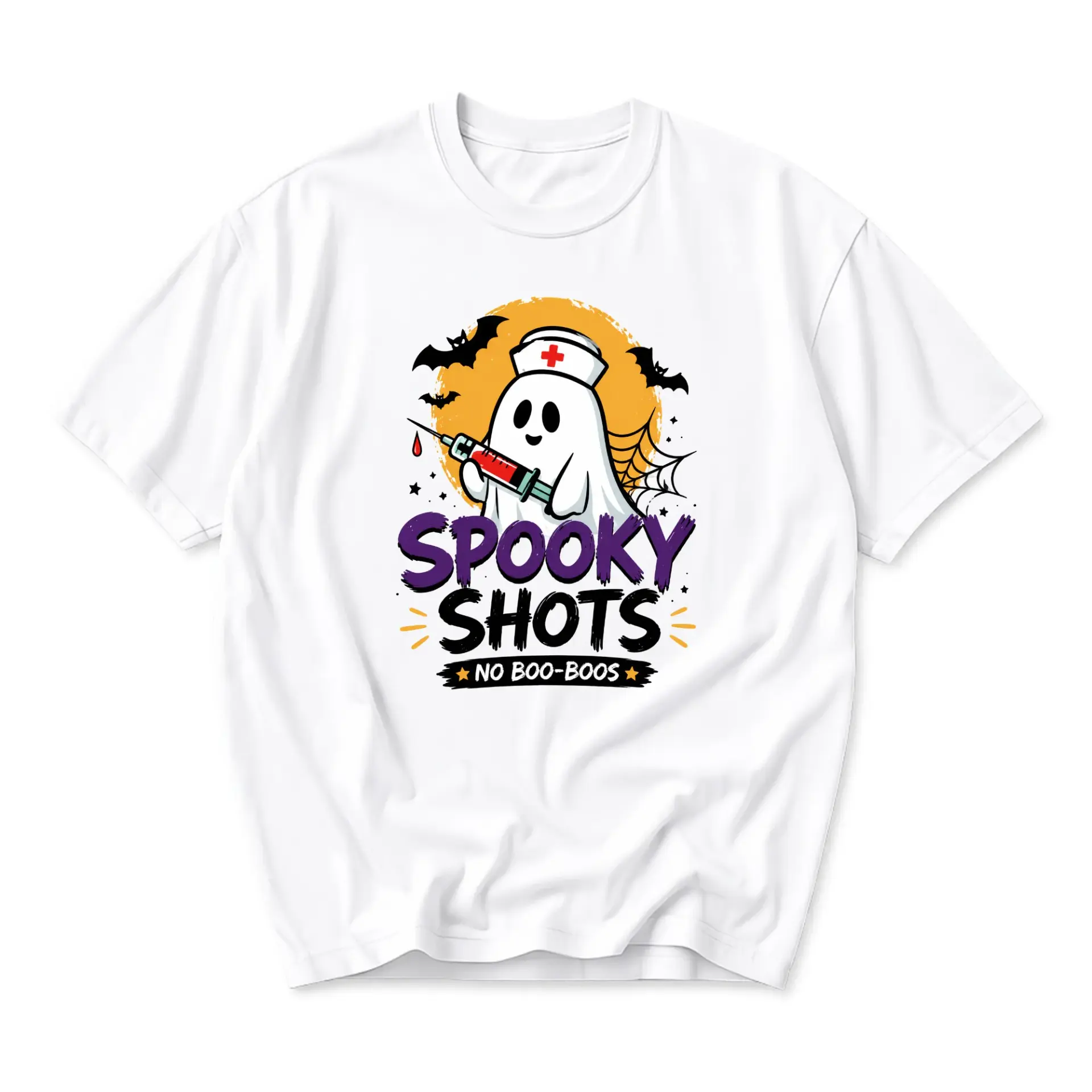 Funny Shirt Spooky Shots No Boo-Boos Ghost Nurse Graphic Tee Unisex Casual Cotton Crew Neck Short Sleeve Apparel