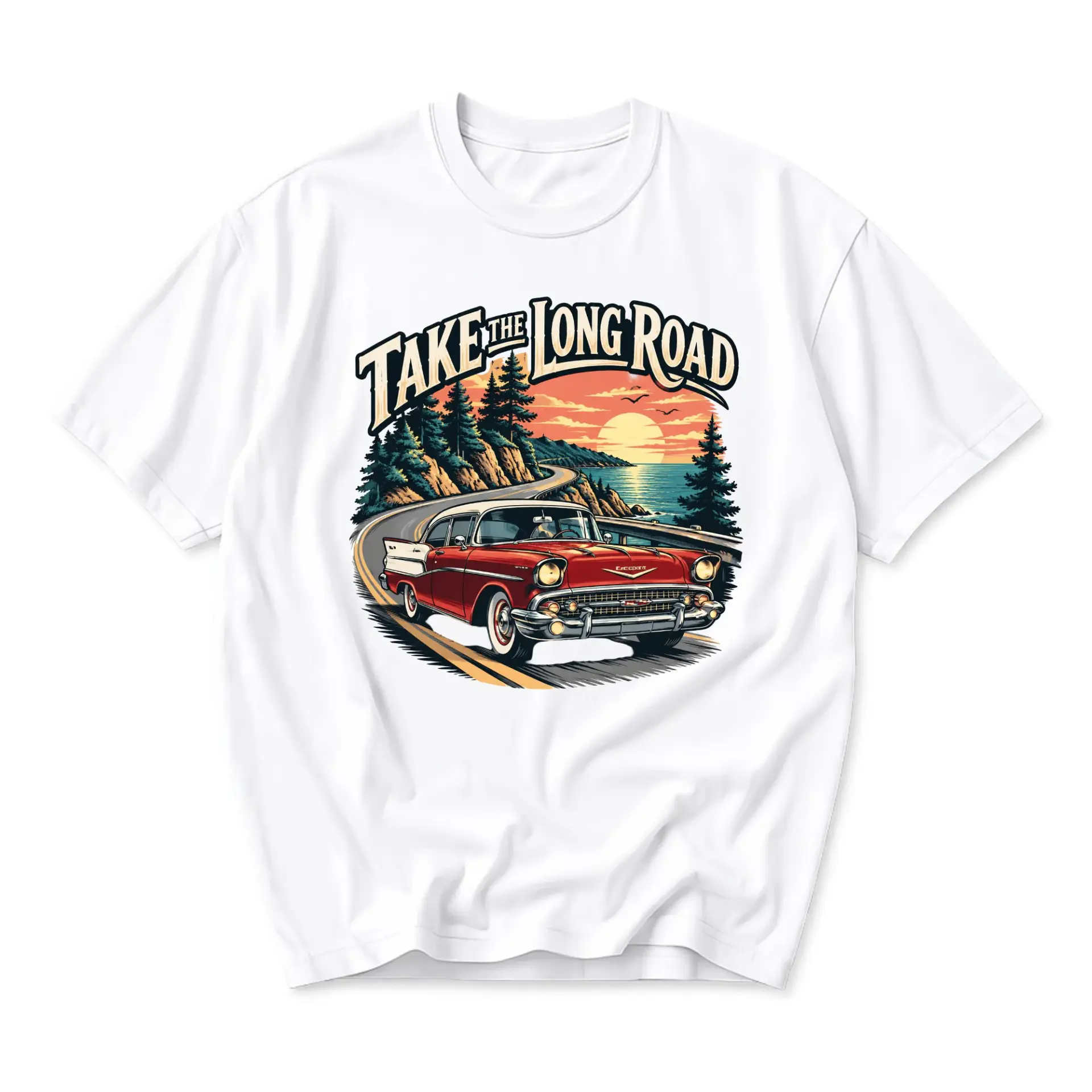 Graphic Tee Take the Long Road Vintage Style Car Illustration Unisex Crew Neck Short Sleeve Casual Cotton T-Shirt