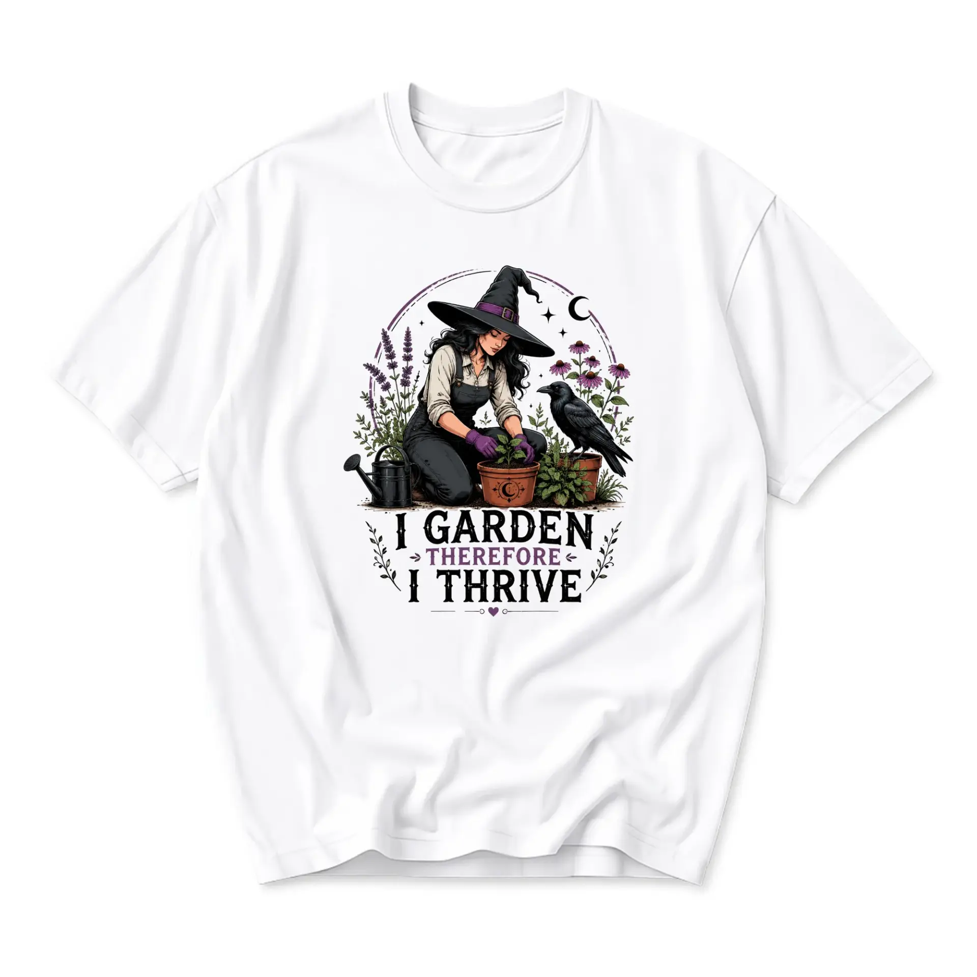 Graphic Tee I Garden Therefore I Thrive Witch Gardener Botanical Illustration Unisex Crew Neck Short Sleeve Shirt